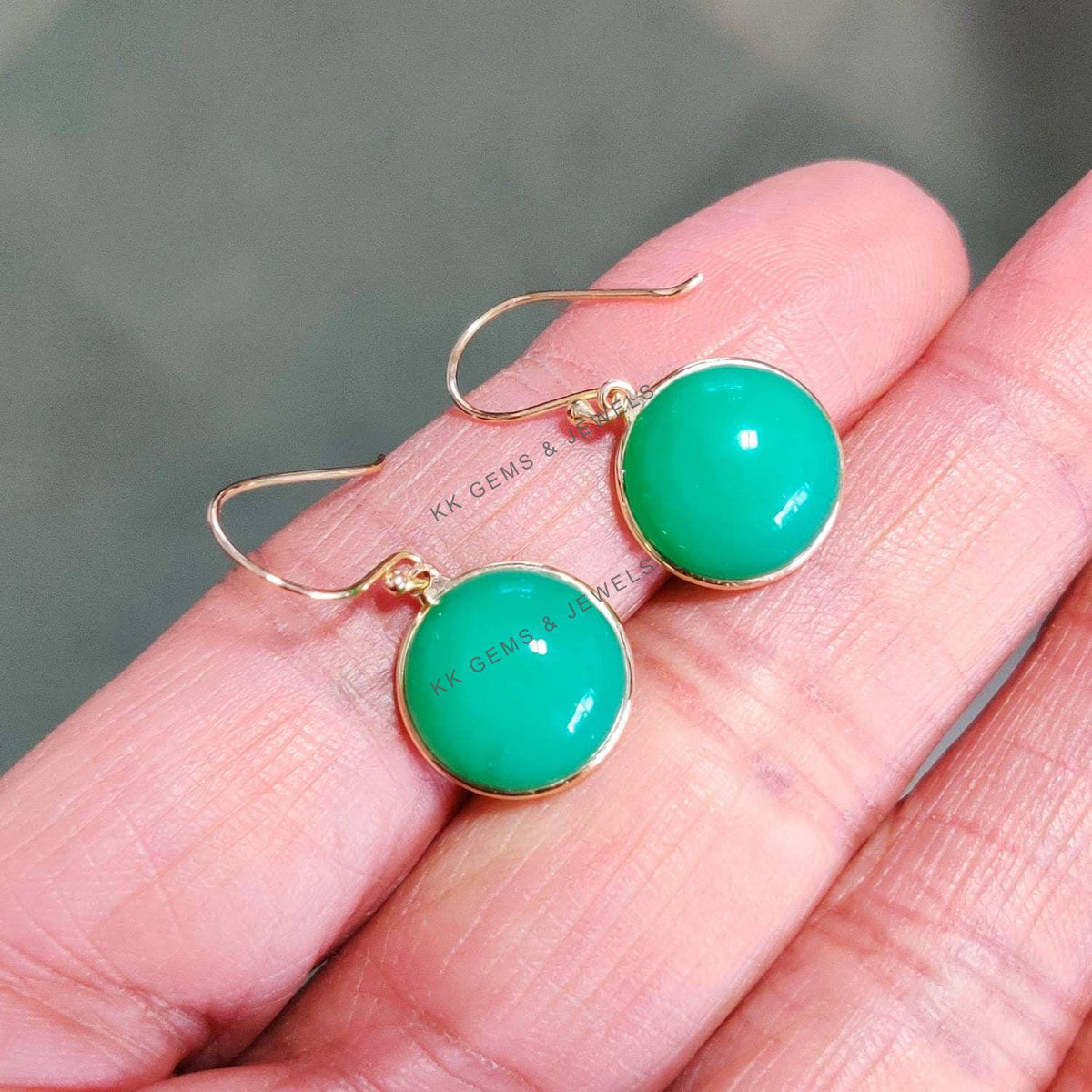 14K Solid Yellow Gold Natural Chrysoprase Earrings, May Birthstone Jewelry
