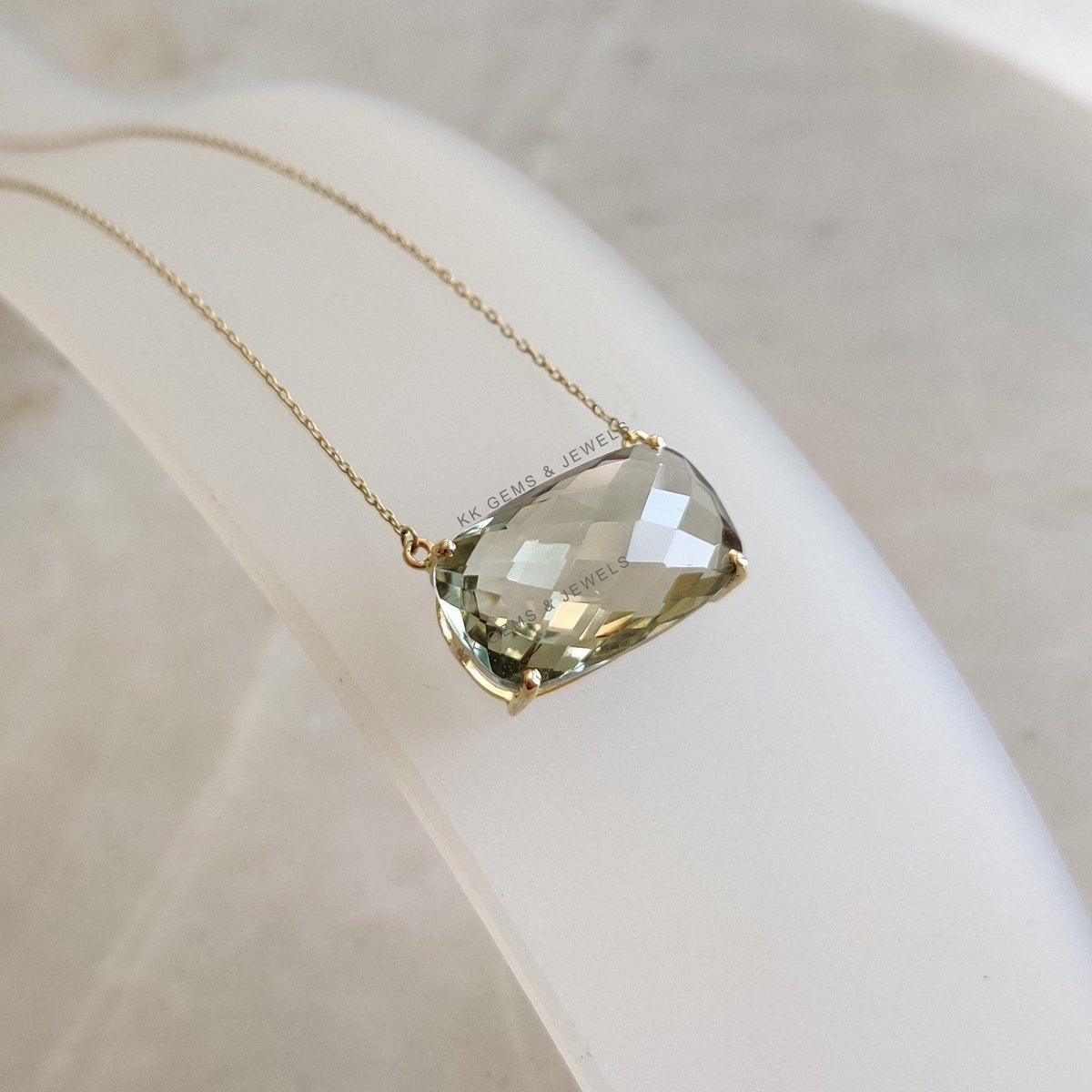 Natural Green Amethyst Prong Chain Necklace, 14K Solid Gold, February Birthstone