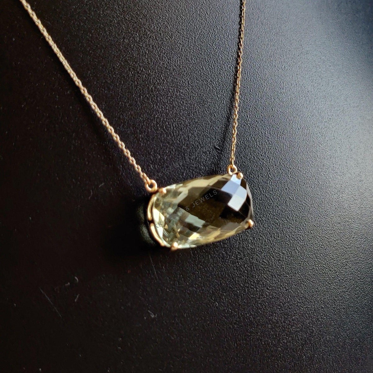 Natural Green Amethyst Prong Chain Necklace, 14K Solid Gold, February Birthstone