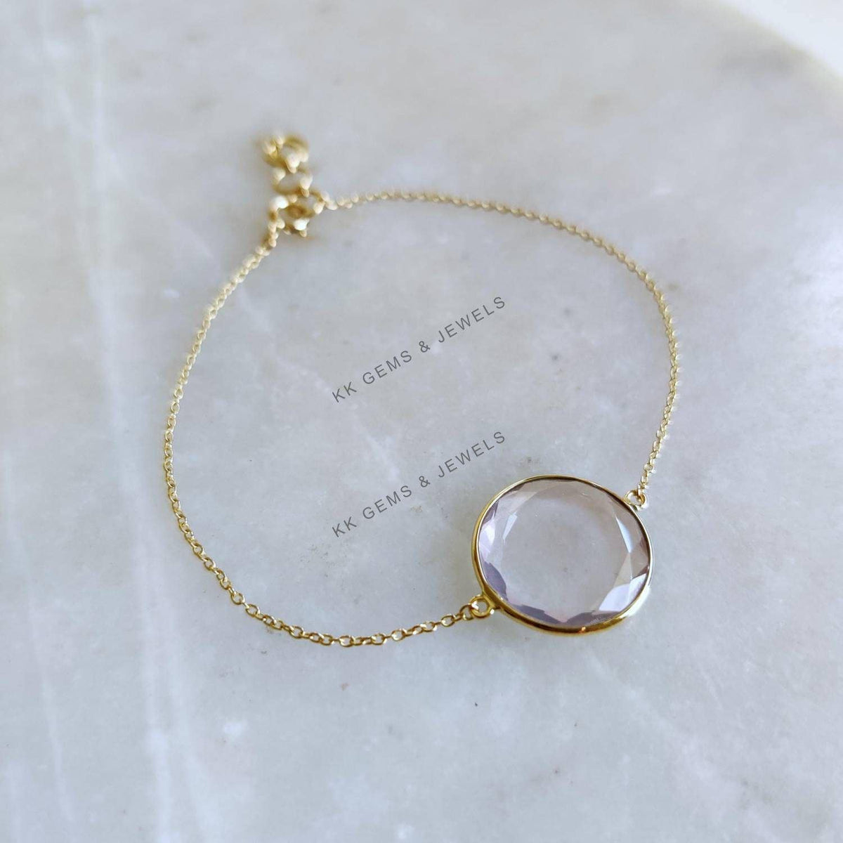 14K Solid Yellow Gold Natural Rose Quartz Chain Bracelet, January Birthstone