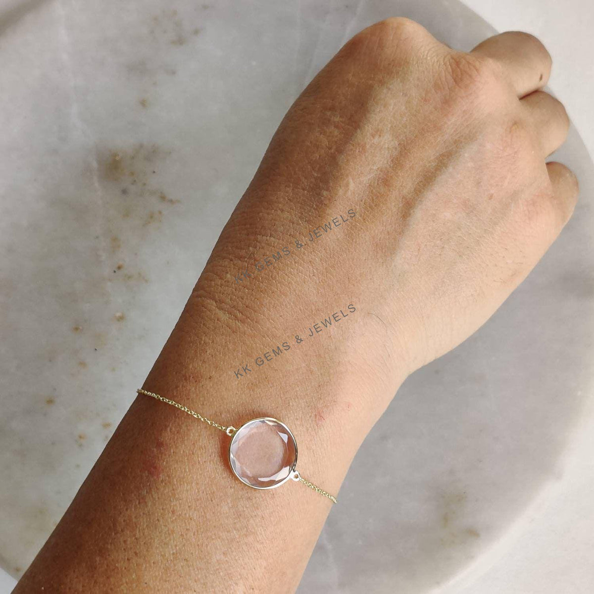 14K Solid Yellow Gold Natural Rose Quartz Chain Bracelet, January Birthstone
