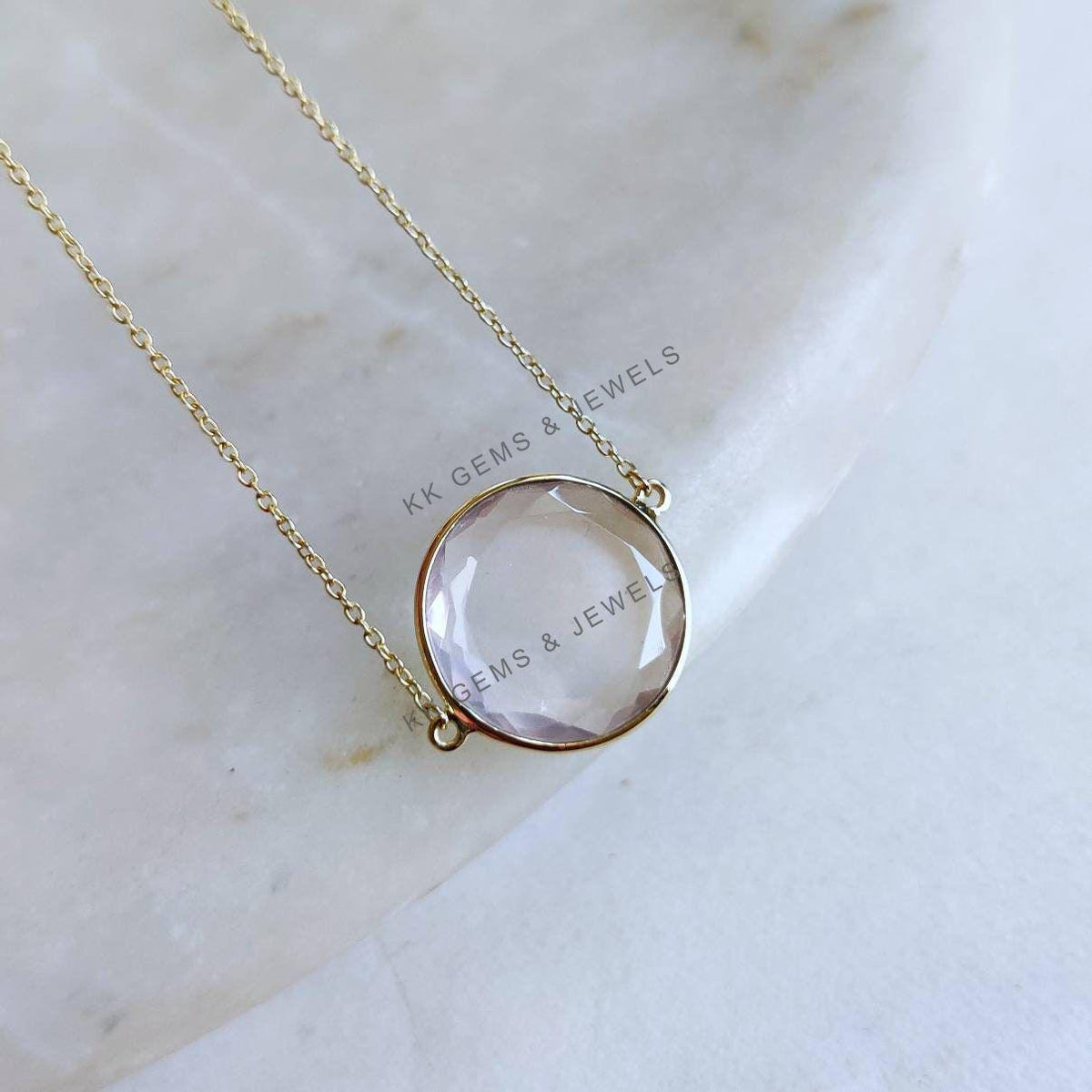 14K Solid Yellow Gold Natural Rose Quartz Chain Bracelet, January Birthstone