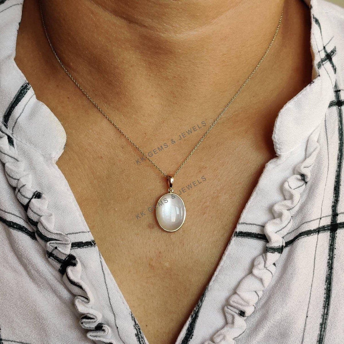 Oval Natural White Moonstone Pendant, 14K Solid Yellow Gold, June Birthstone