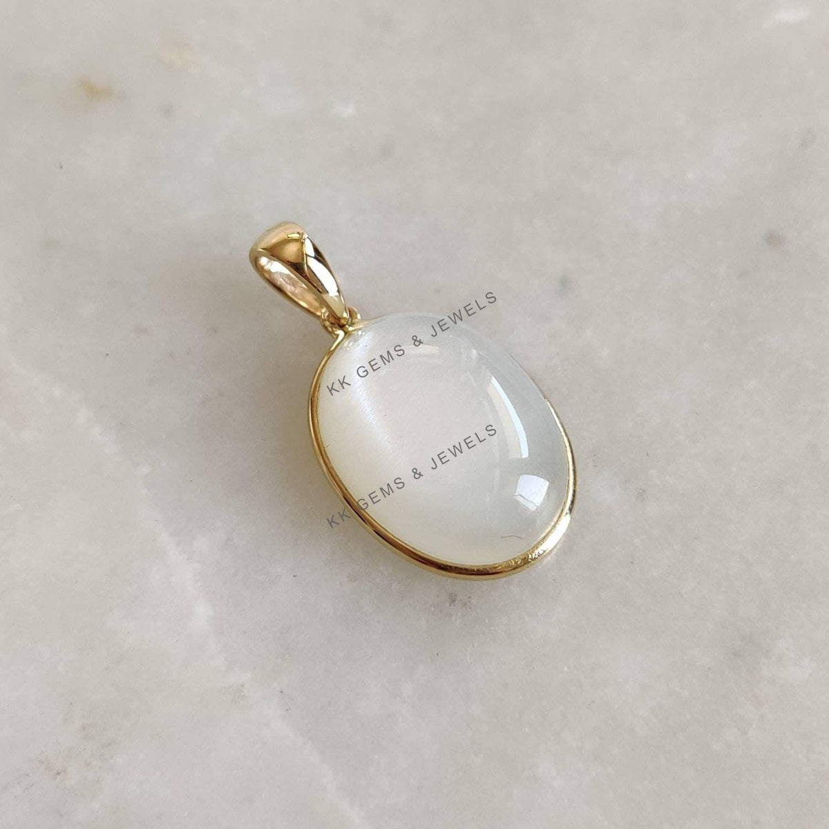 Oval Natural White Moonstone Pendant, 14K Solid Yellow Gold, June Birthstone