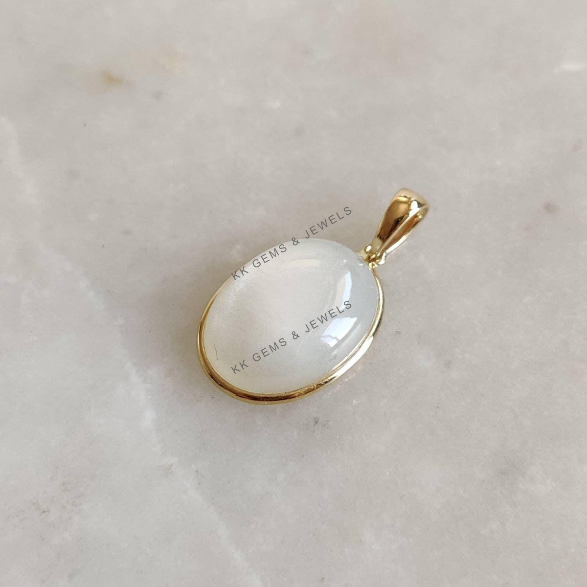 Oval Natural White Moonstone Pendant, 14K Solid Yellow Gold, June Birthstone