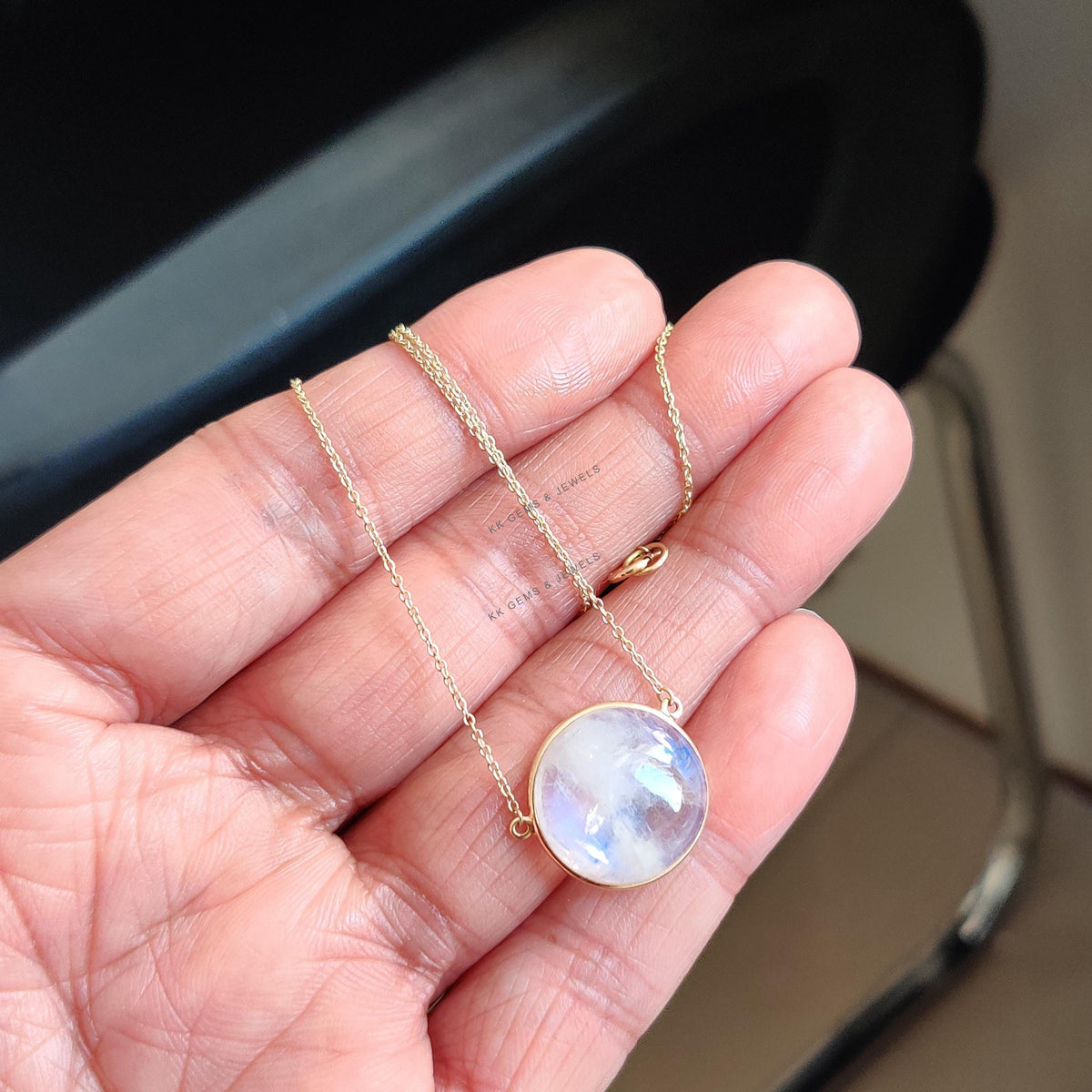 14K Solid Gold Natural Rainbow Moonstone Chain Necklace, June Birthstone
