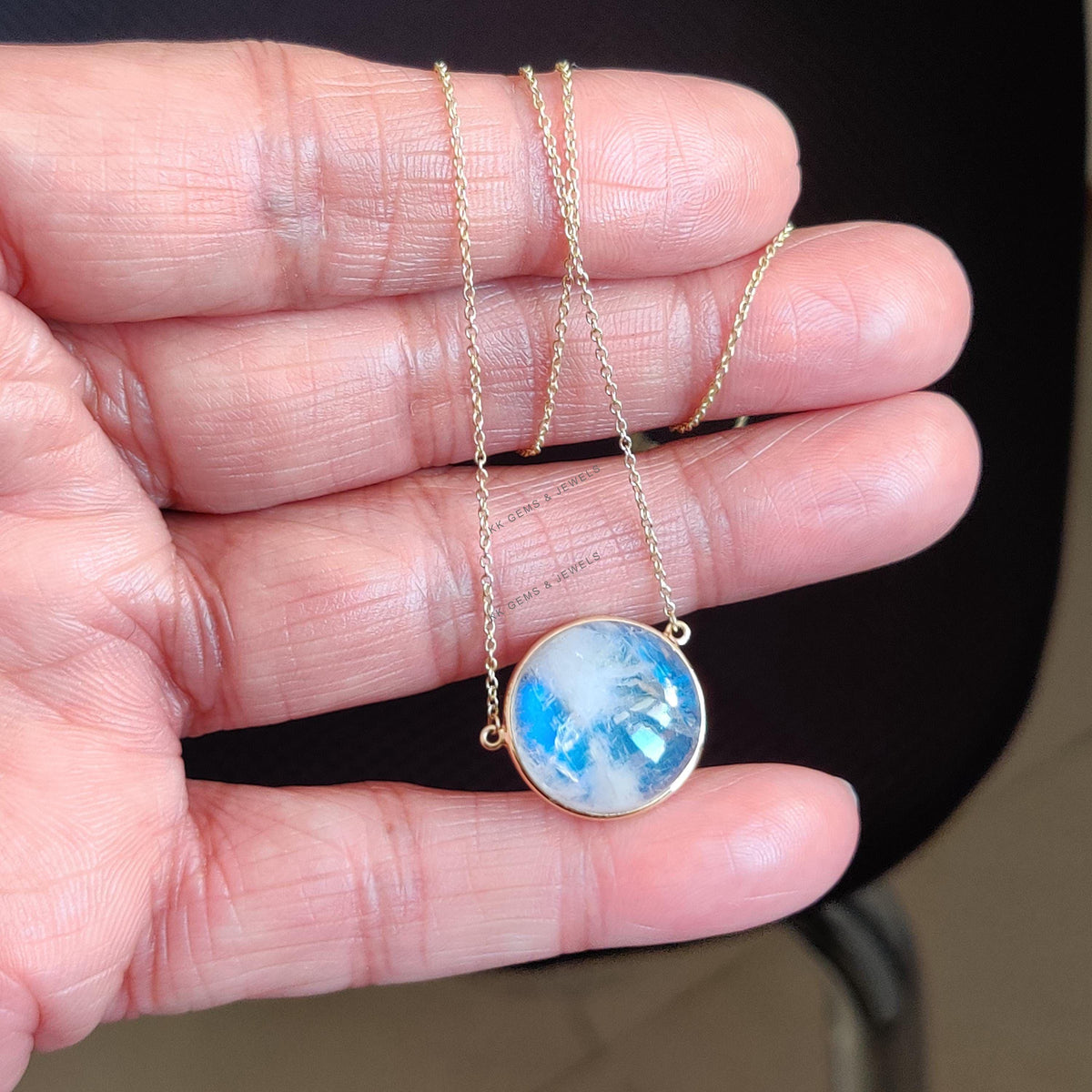 14K Solid Gold Natural Rainbow Moonstone Chain Necklace, June Birthstone