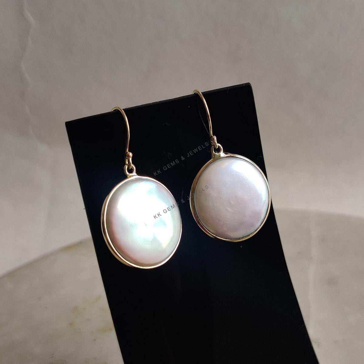 14K Solid Yellow Gold Natural Pearl Earrings, Round Bezel, June Birthstone