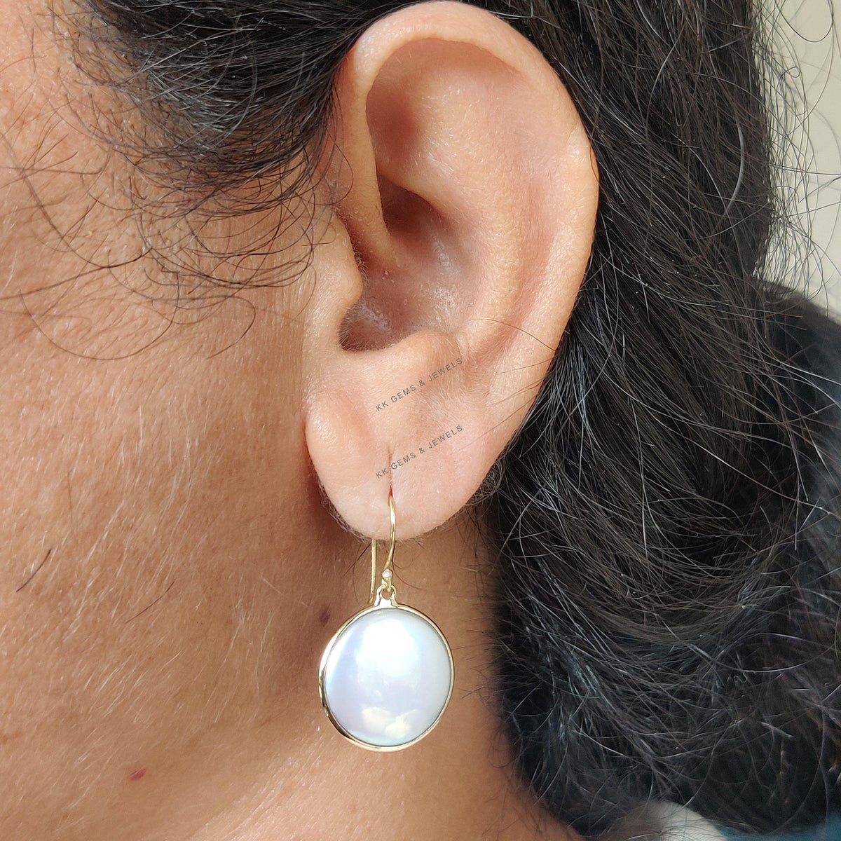 14K Solid Yellow Gold Natural Pearl Earrings, Round Bezel, June Birthstone