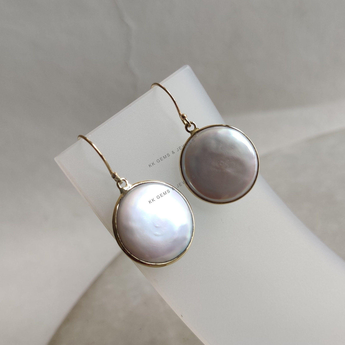 14K Solid Yellow Gold Natural Pearl Earrings, Round Bezel, June Birthstone