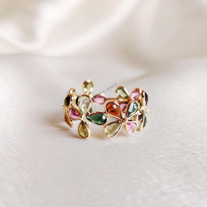14k Solid Gold Natural Multi Tourmaline Flower Infinity Ring, October Birthstone