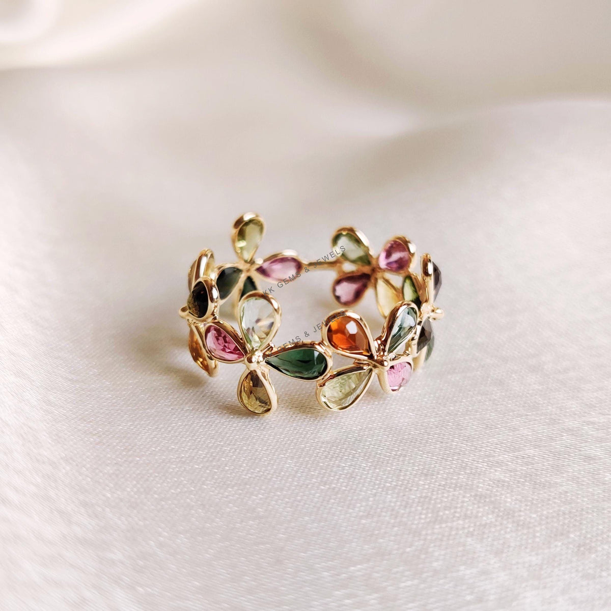 14k Solid Gold Natural Multi Tourmaline Flower Infinity Ring, October Birthstone