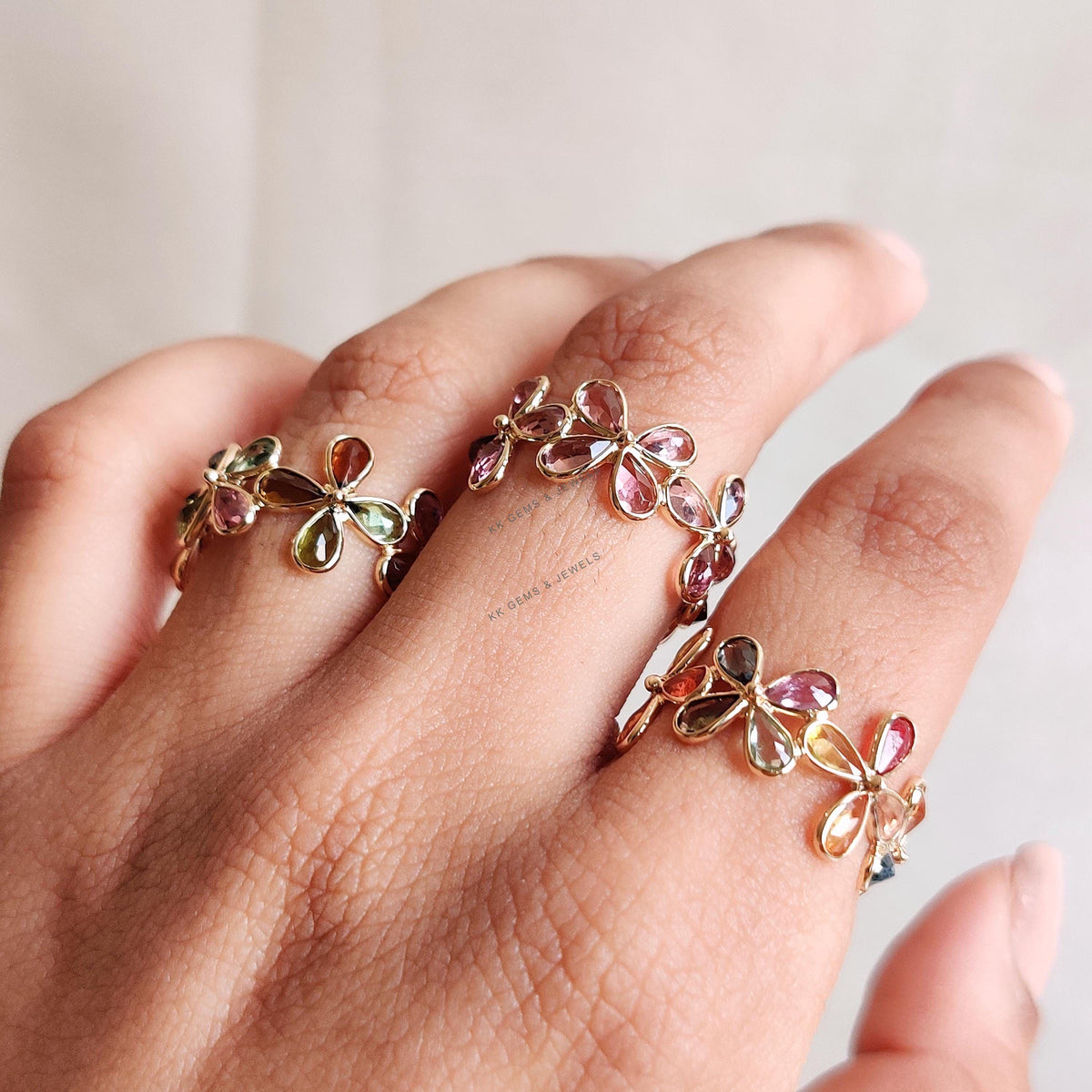 14k Solid Gold Natural Multi Tourmaline Flower Infinity Ring, October Birthstone