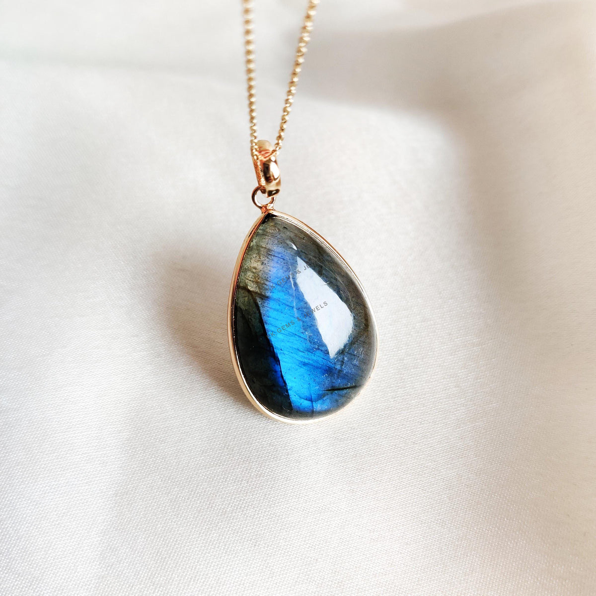 14K Solid Gold Natural Labradorite Pendant, Pear Bezel, November Birthstone