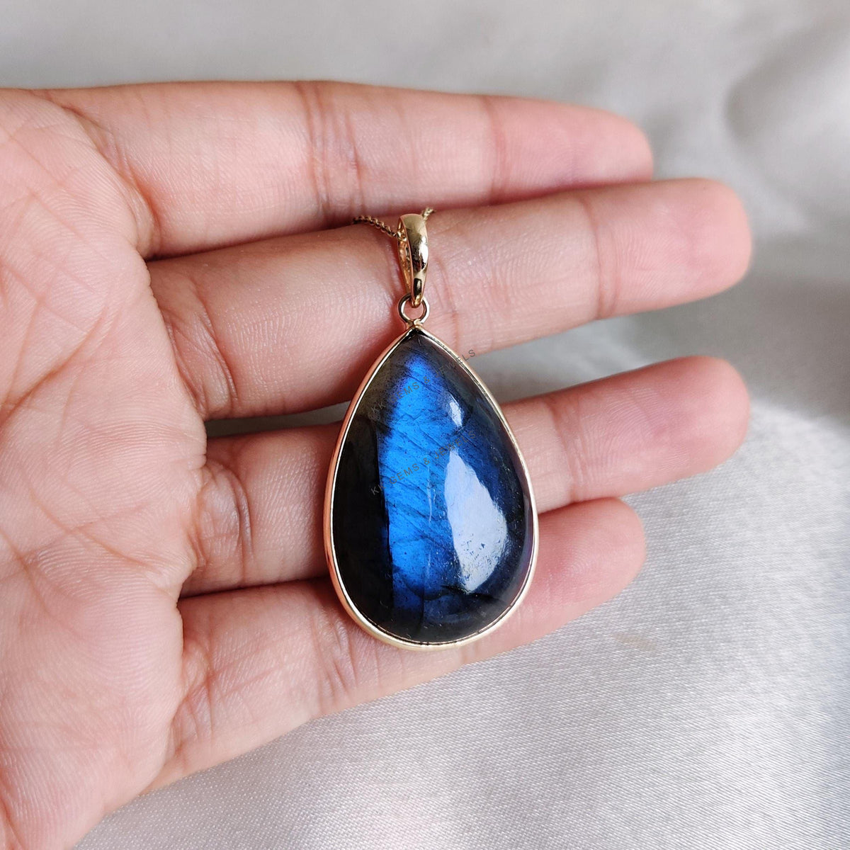 14K Solid Gold Natural Labradorite Pendant, Pear Bezel, November Birthstone