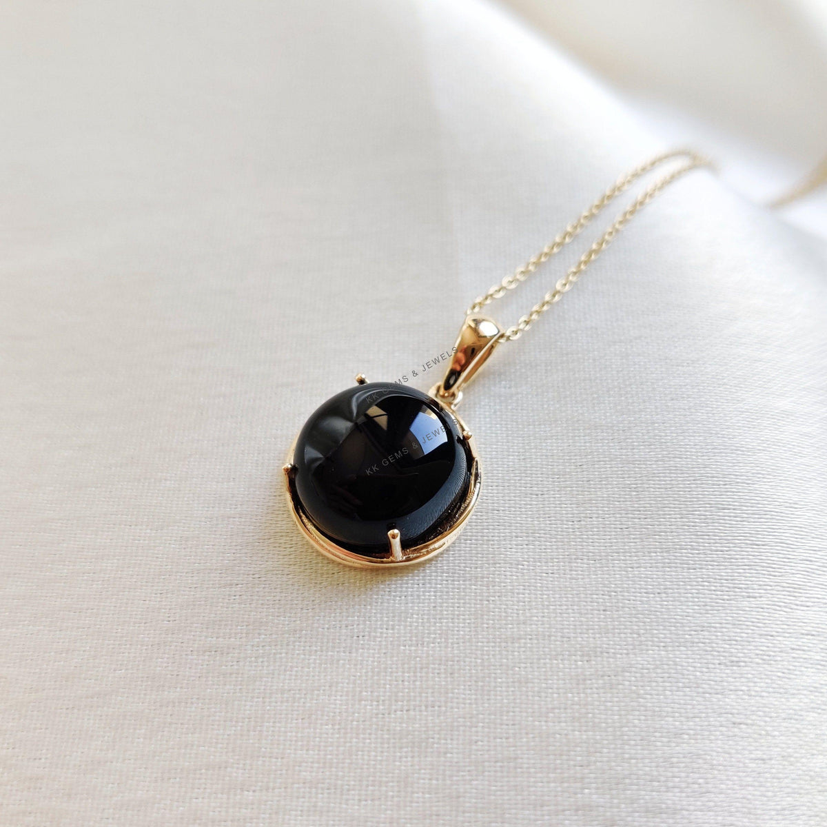 14K Solid Yellow Gold Natural Black Onyx Pendant, December Birthstone