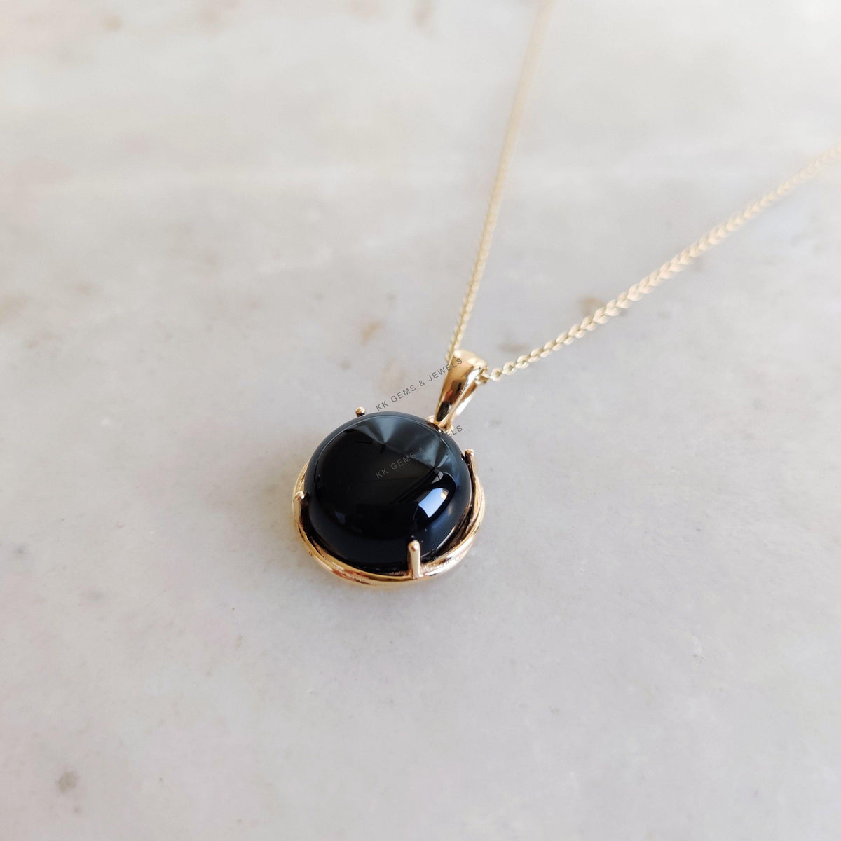 14K Solid Yellow Gold Natural Black Onyx Pendant, December Birthstone