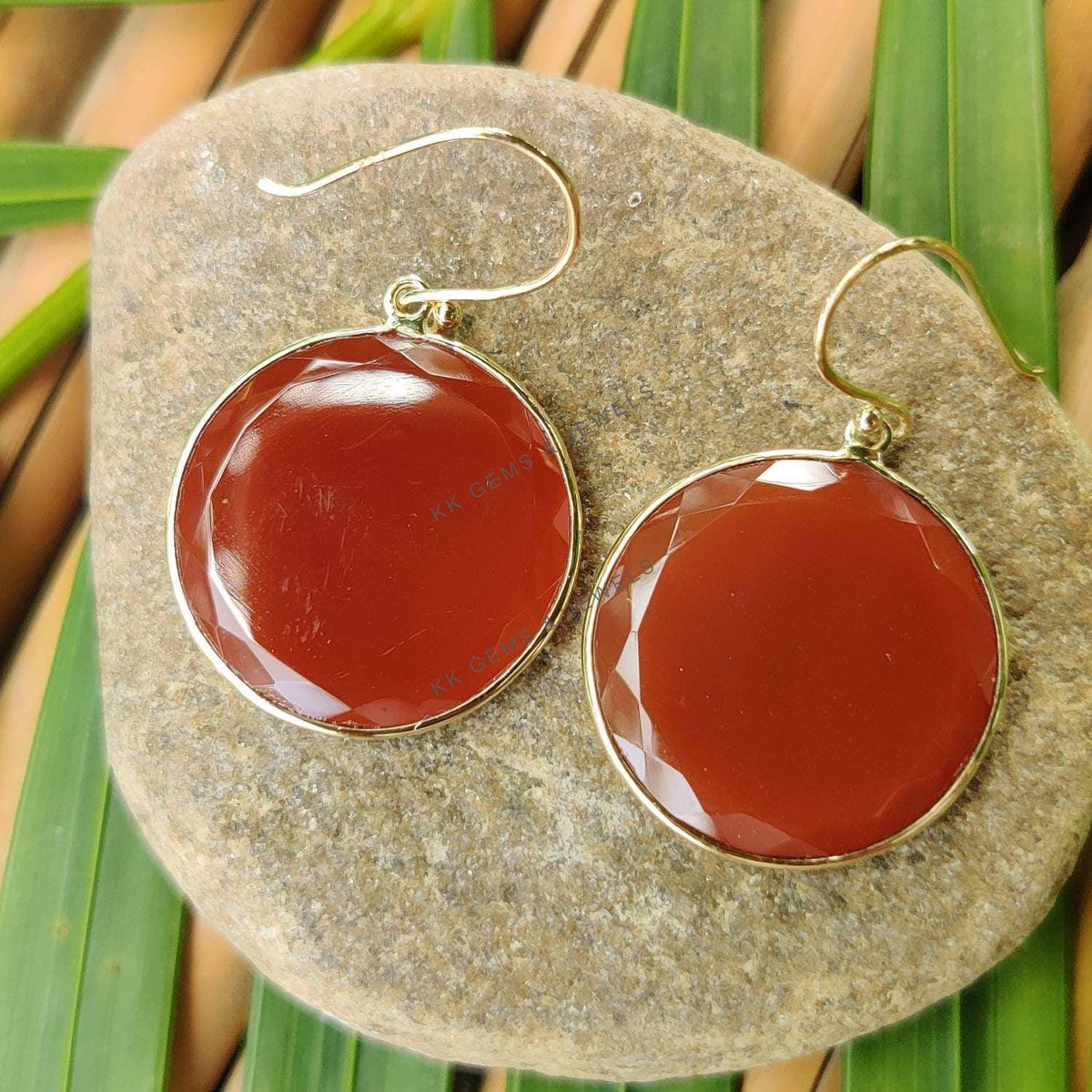 14K Solid Yellow Gold Natural Red Onyx Round Flat Cut Earrings, Handmade Jewelry