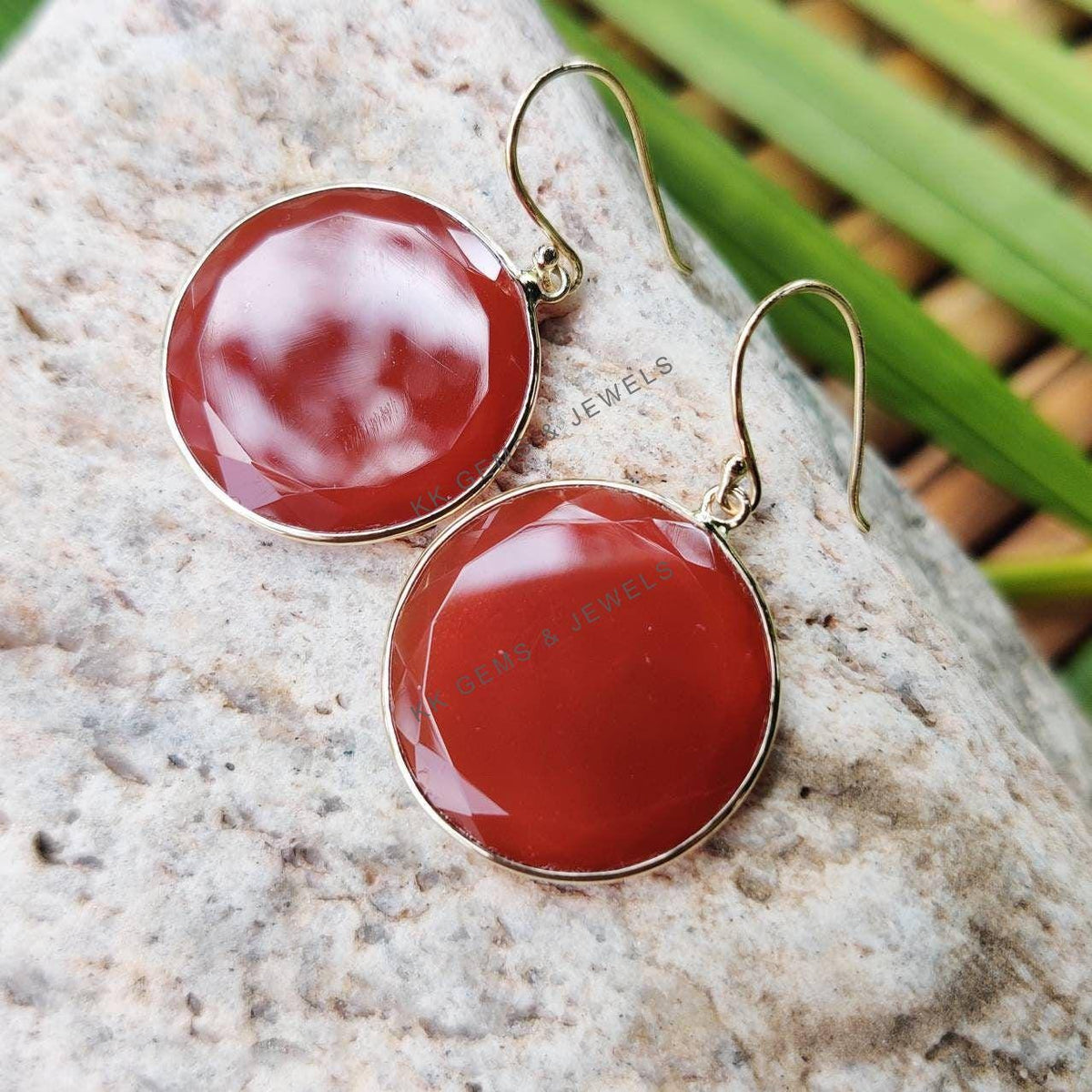 14K Solid Yellow Gold Natural Red Onyx Round Flat Cut Earrings, Handmade Jewelry