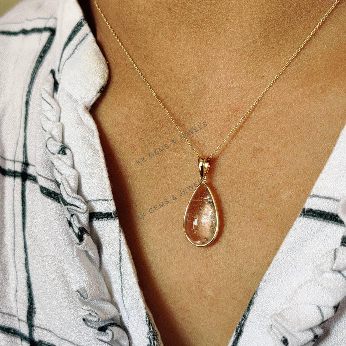 Natural Pear Morganite Pendant, 14K Solid Yellow Gold Bezel Pendant