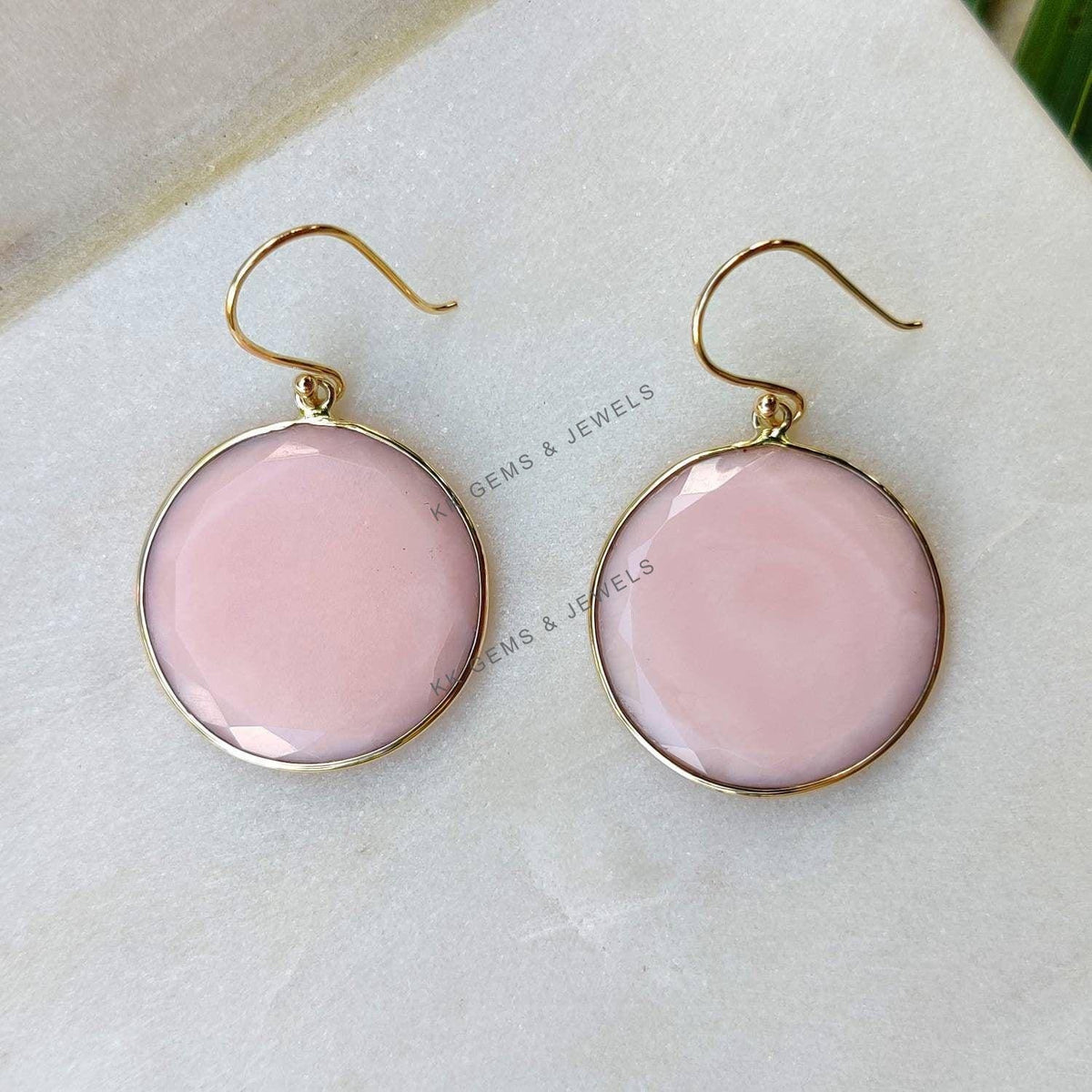 Natural Pink Opal 14K Solid Yellow Gold Earrings, Round Gemstone Bezel Set