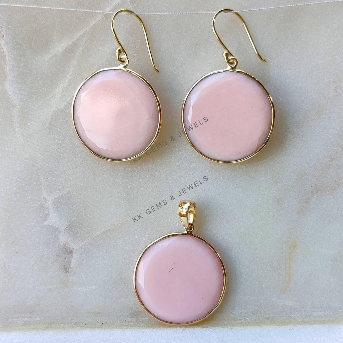 Natural Pink Opal 14K Solid Yellow Gold Earrings, Round Gemstone Bezel Set