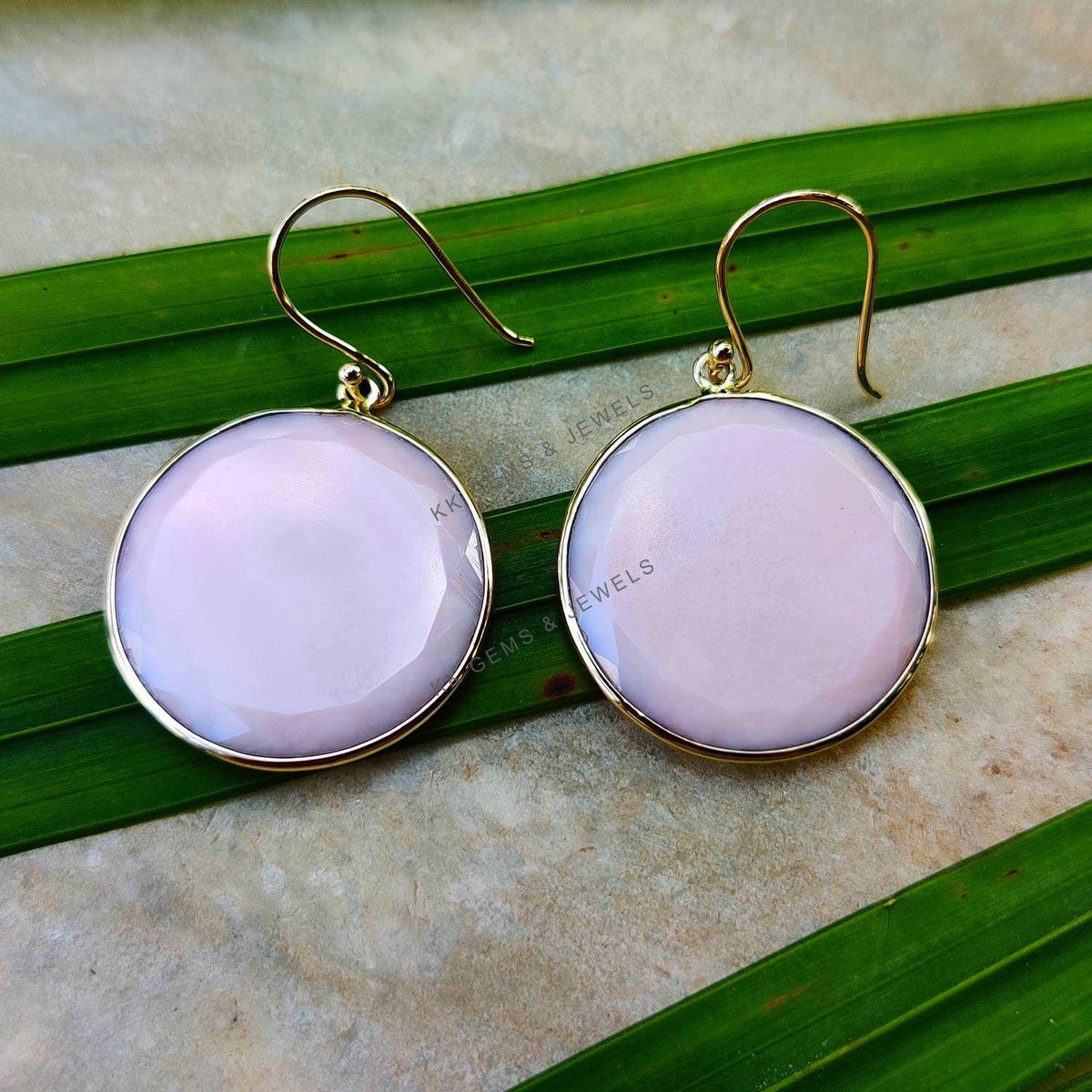 Natural Pink Opal 14K Solid Yellow Gold Earrings, Round Gemstone Bezel Set