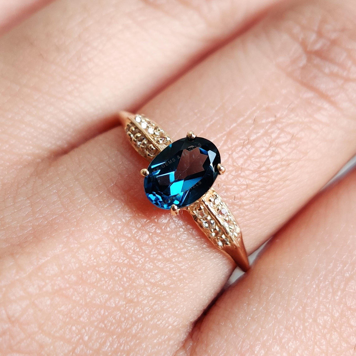 14K Solid Yellow Gold Natural London Blue Topaz & Diamond Ring, December Birthstone