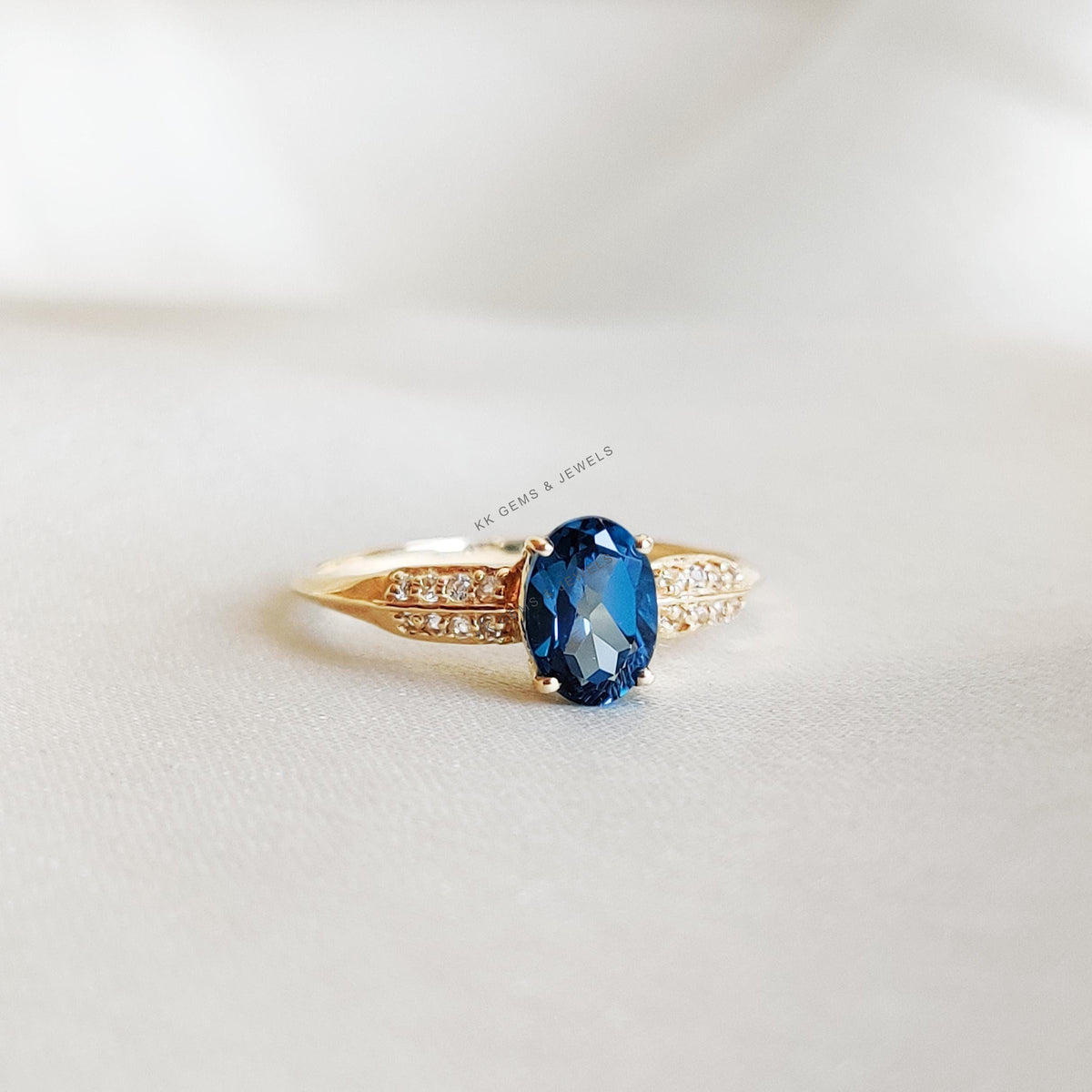14K Solid Yellow Gold Natural London Blue Topaz & Diamond Ring, December Birthstone