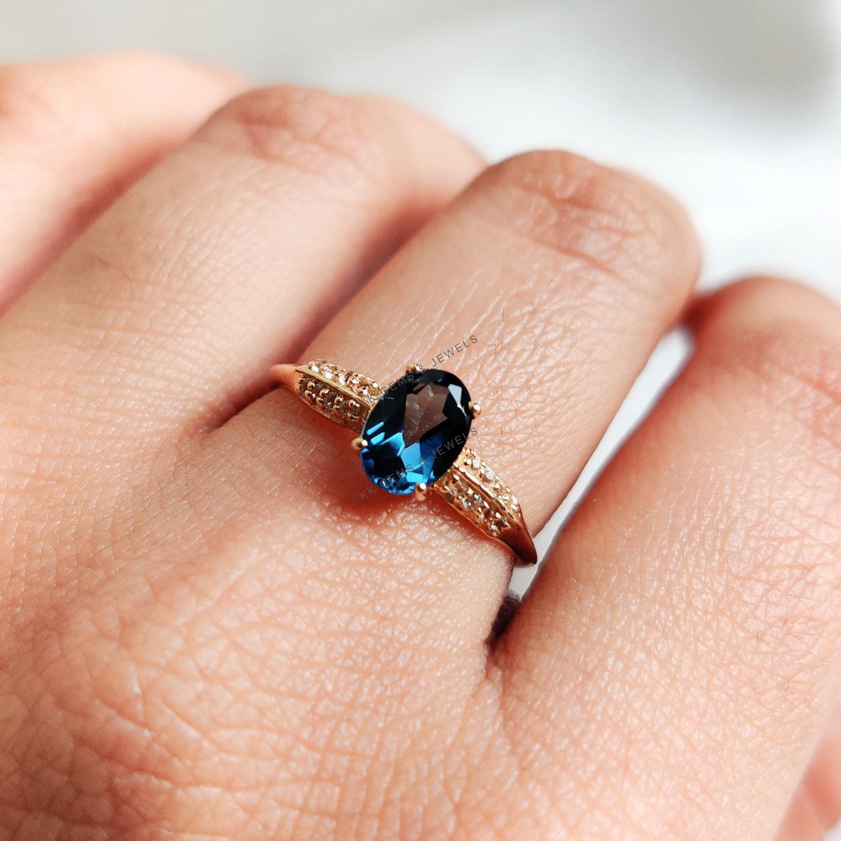 14K Solid Yellow Gold Natural London Blue Topaz & Diamond Ring, December Birthstone