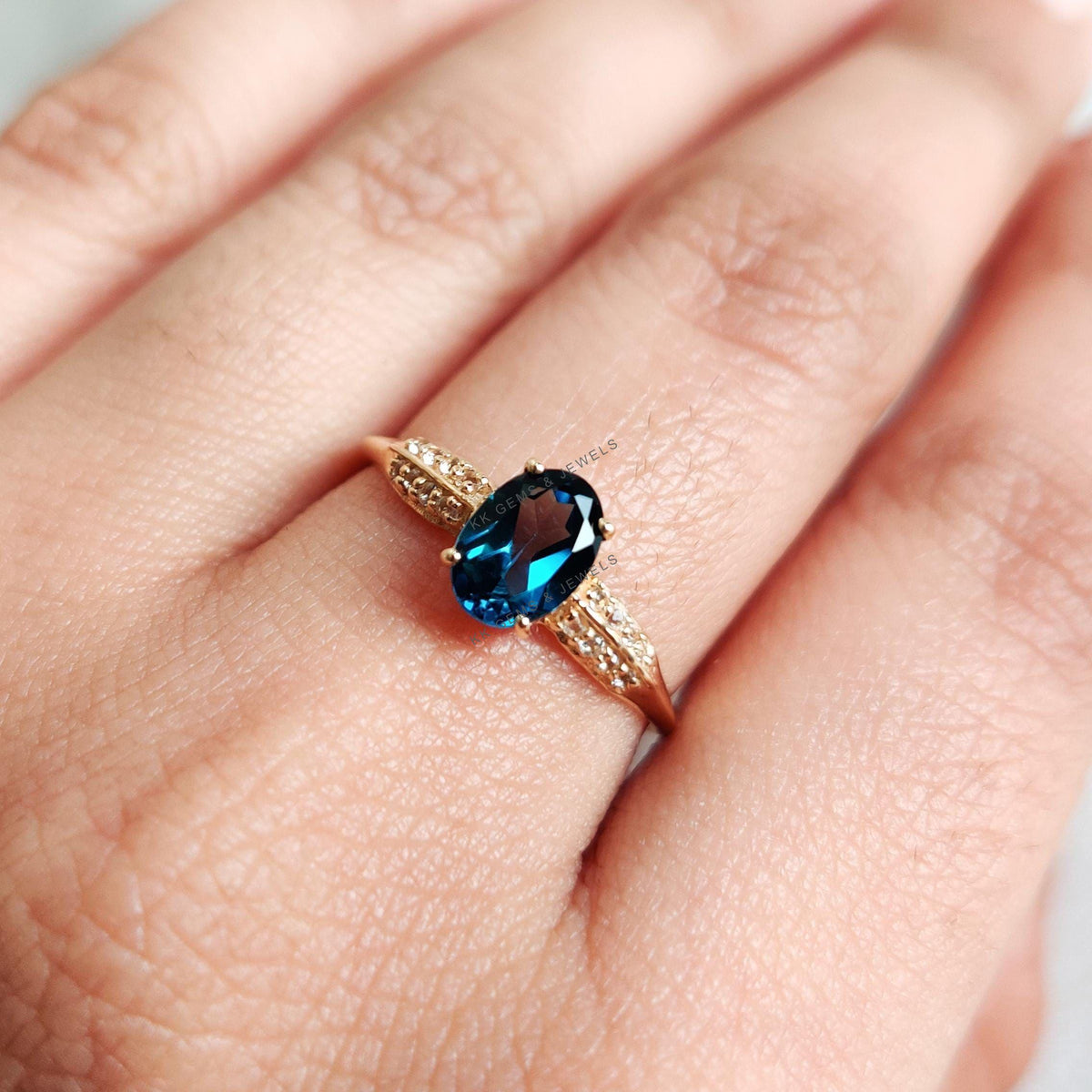 14K Solid Yellow Gold Natural London Blue Topaz & Diamond Ring, December Birthstone