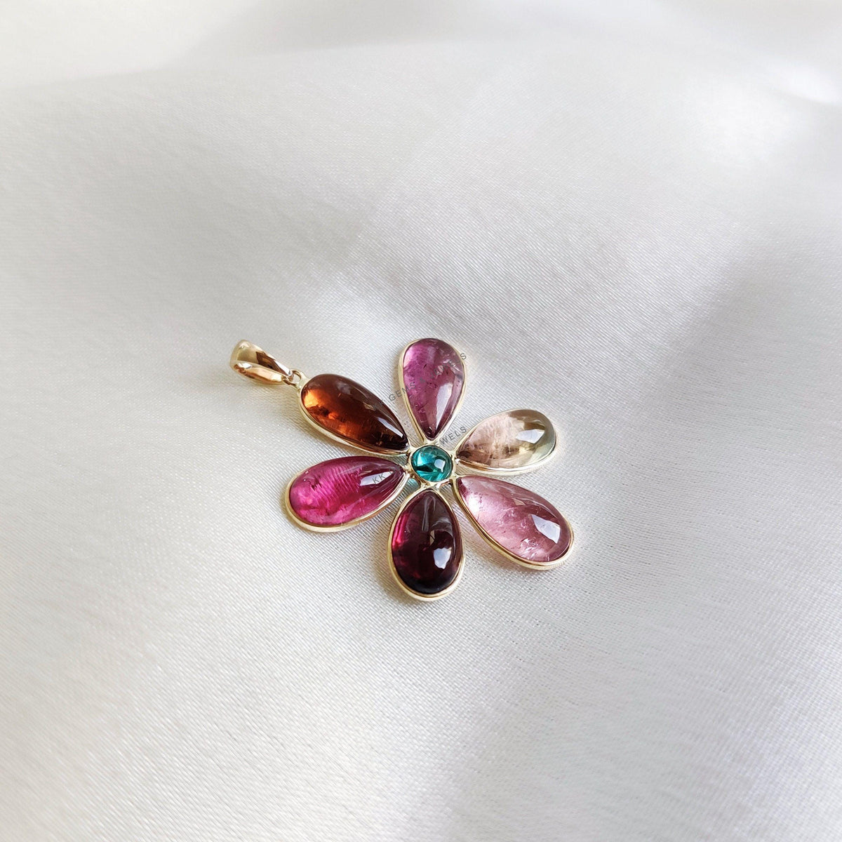 Dainty 14K Solid Gold Natural Multi Tourmaline Flower Pendant, October Birthstone