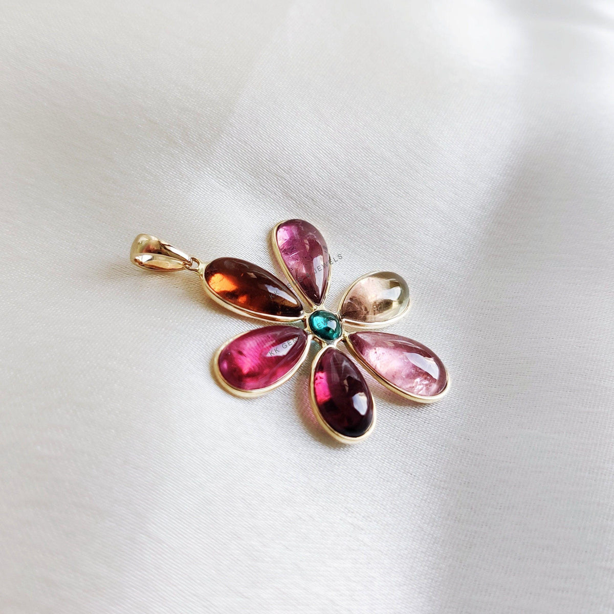 Dainty 14K Solid Gold Natural Multi Tourmaline Flower Pendant, October Birthstone