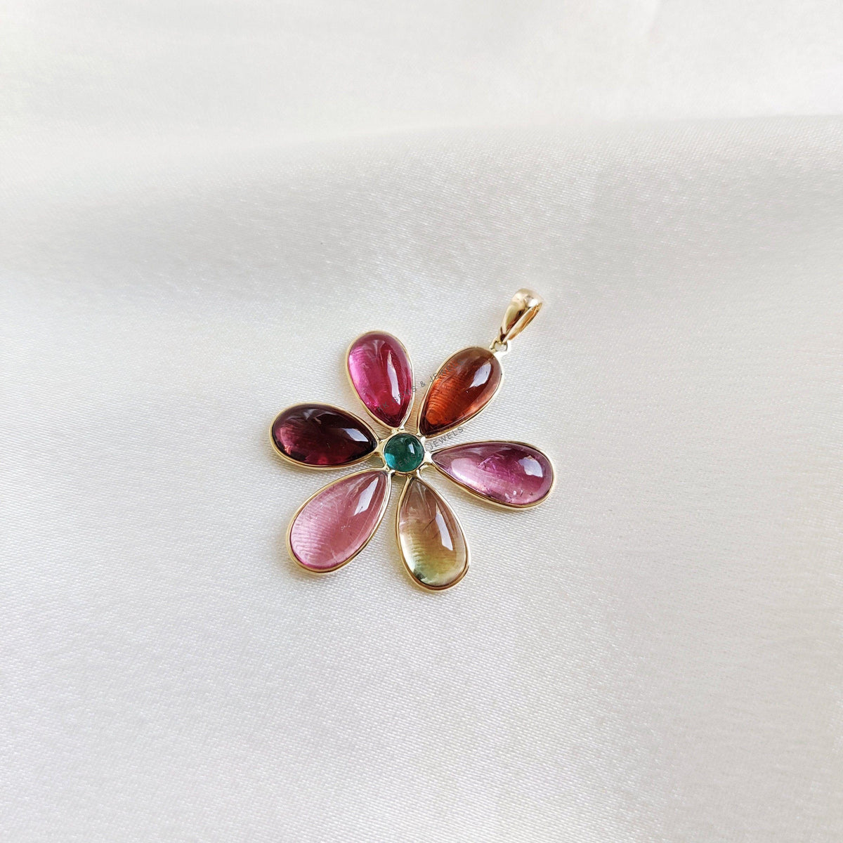 Dainty 14K Solid Gold Natural Multi Tourmaline Flower Pendant, October Birthstone