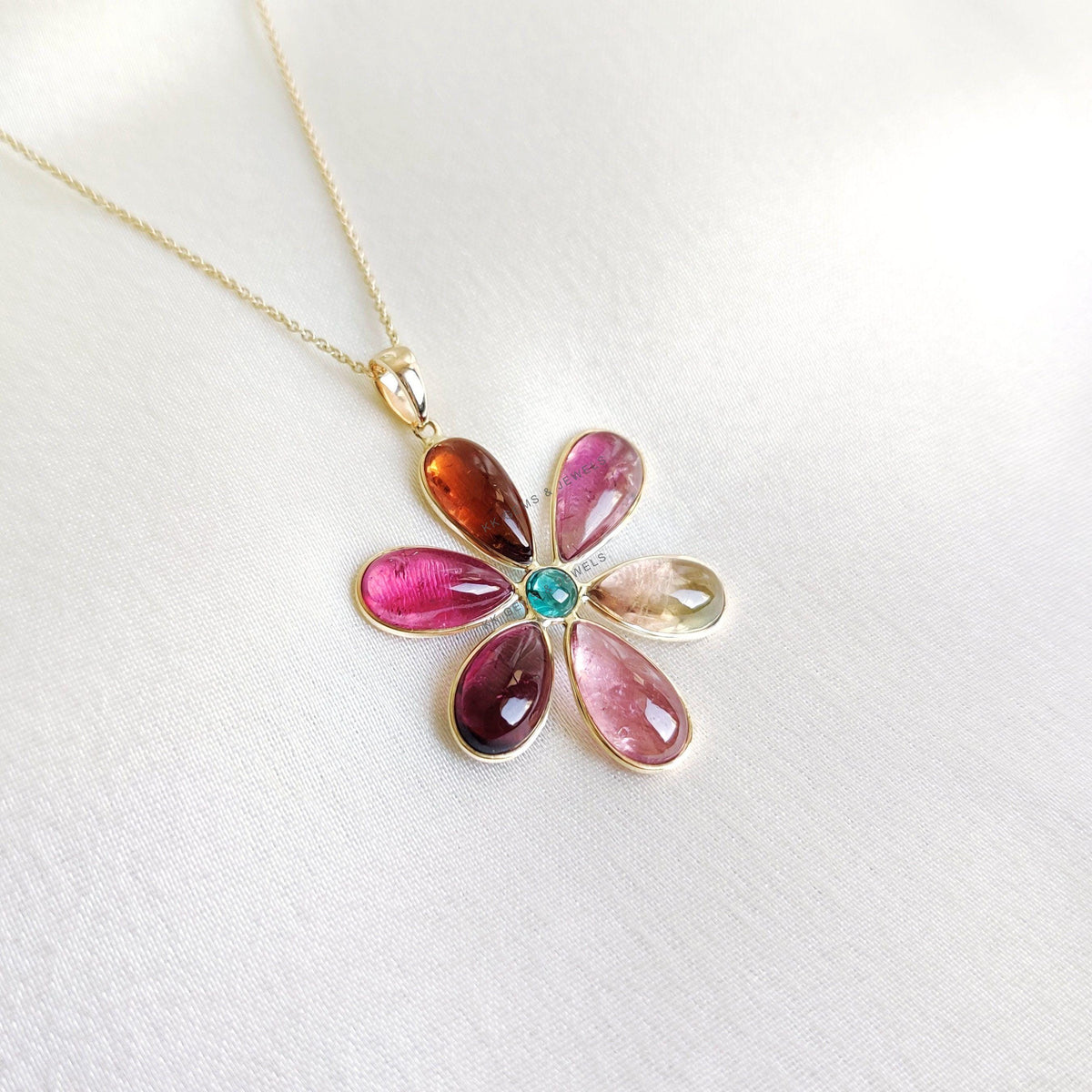 Dainty 14K Solid Gold Natural Multi Tourmaline Flower Pendant, October Birthstone