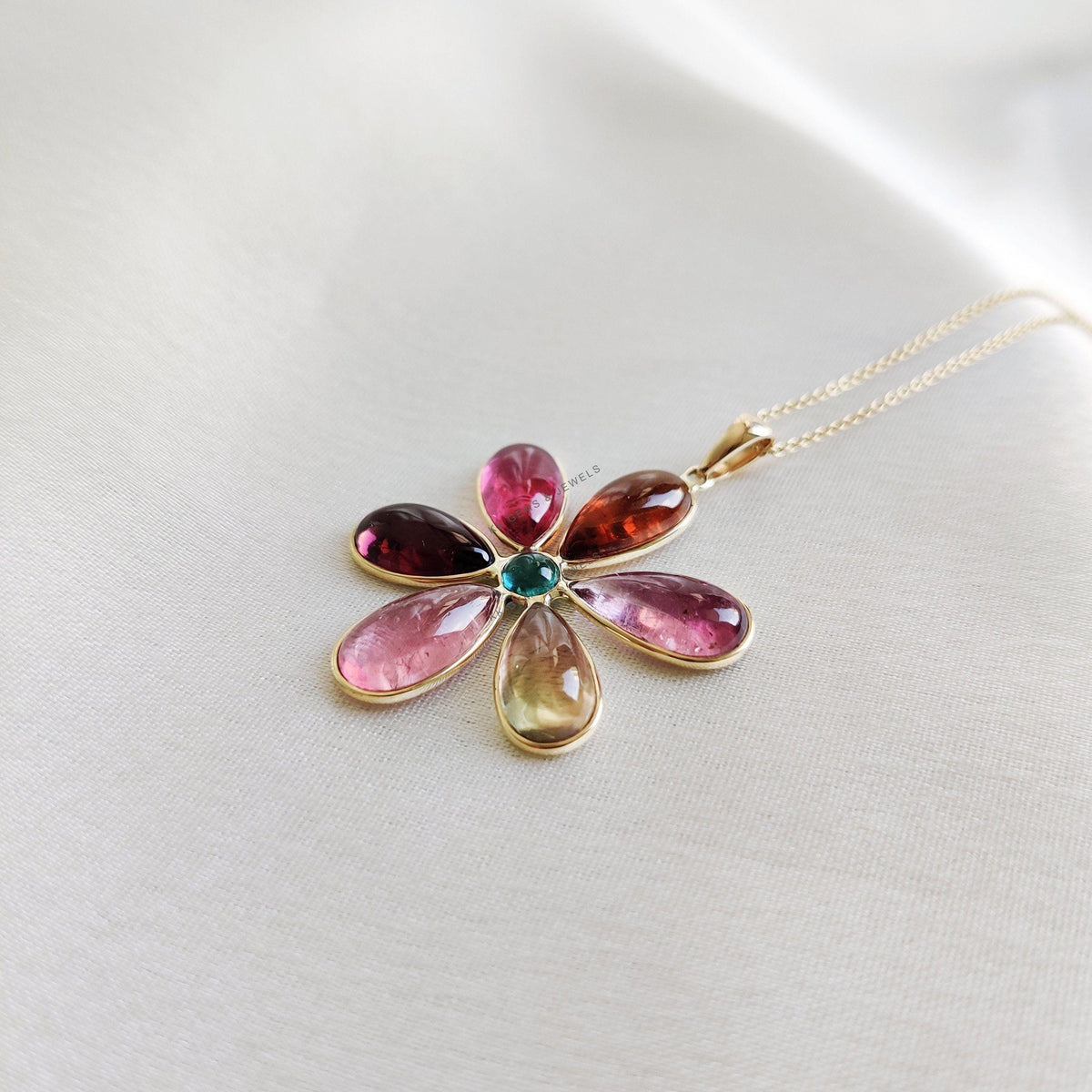 Dainty 14K Solid Gold Natural Multi Tourmaline Flower Pendant, October Birthstone