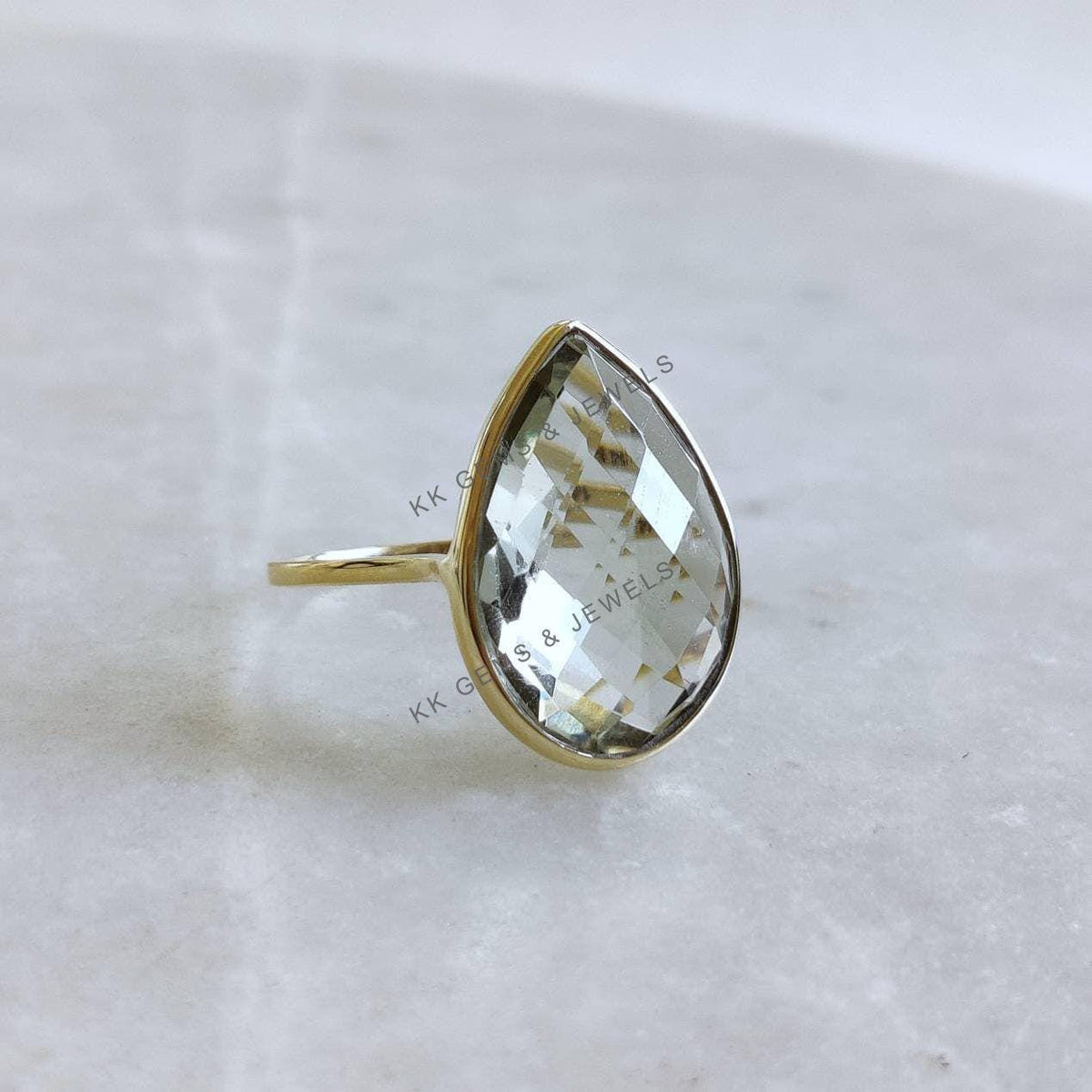 Pear Natural Green Amethyst Ring, 14K Solid Yellow Gold Ring, February Birthstone