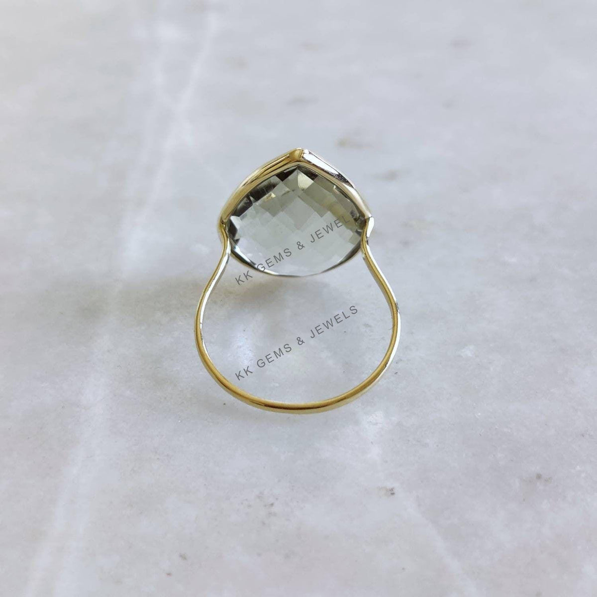Pear Natural Green Amethyst Ring, 14K Solid Yellow Gold Ring, February Birthstone