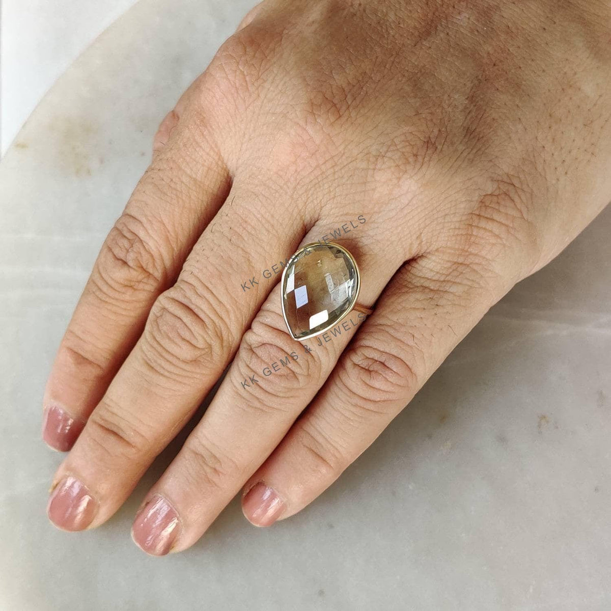 Pear Natural Green Amethyst Ring, 14K Solid Yellow Gold Ring, February Birthstone