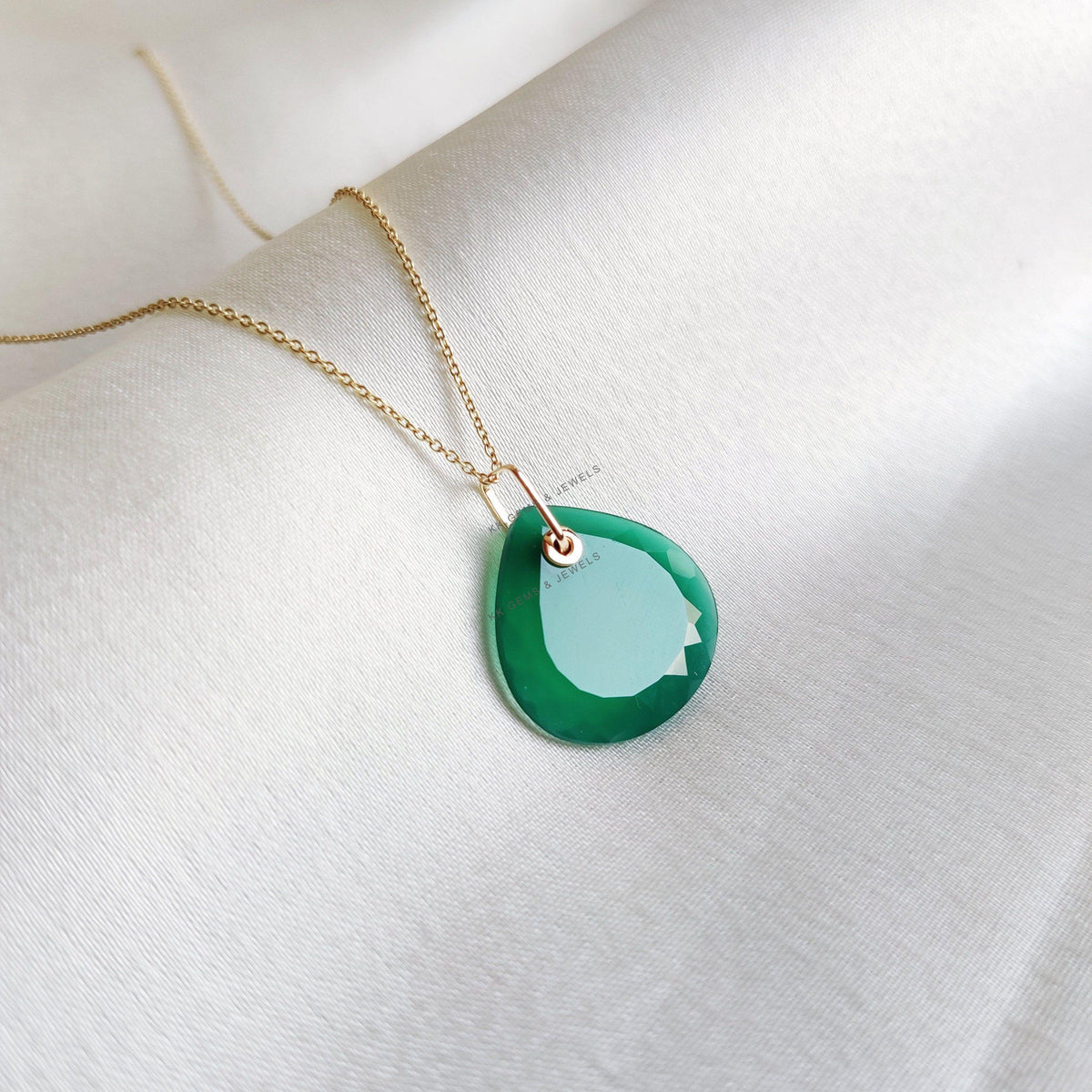 14K Solid Yellow Gold Natural Green Onyx Trillion Pendant, May Birthstone Jewelry, Christmas Present