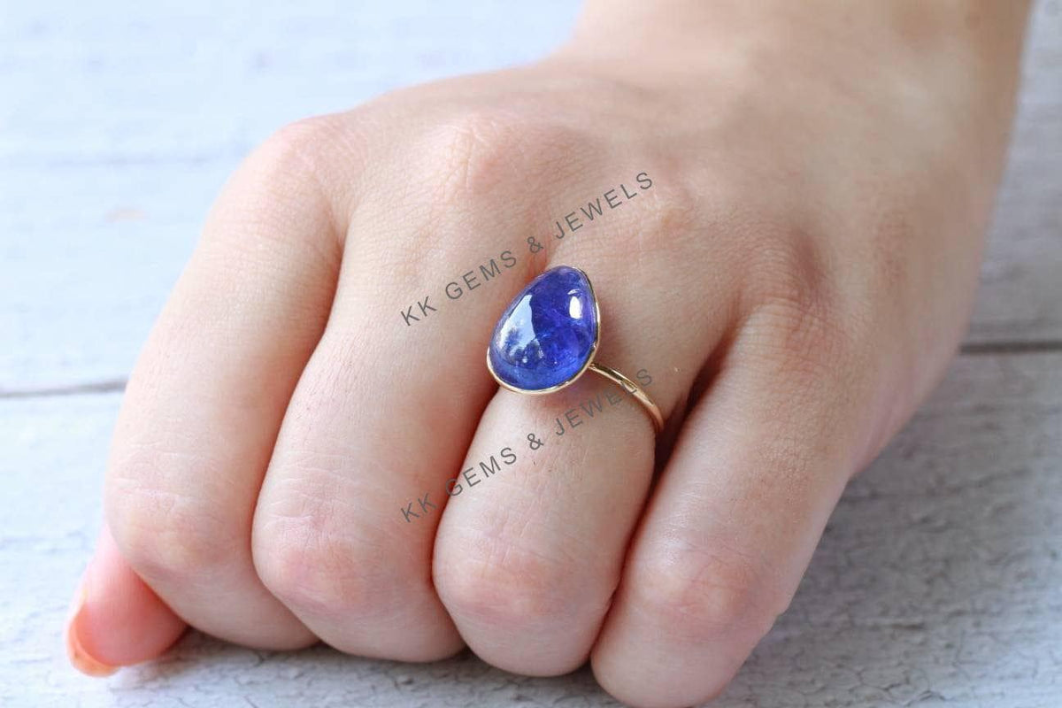 Natural Pear Tanzanite Ring, 14K Solid Yellow Gold, December Birthstone