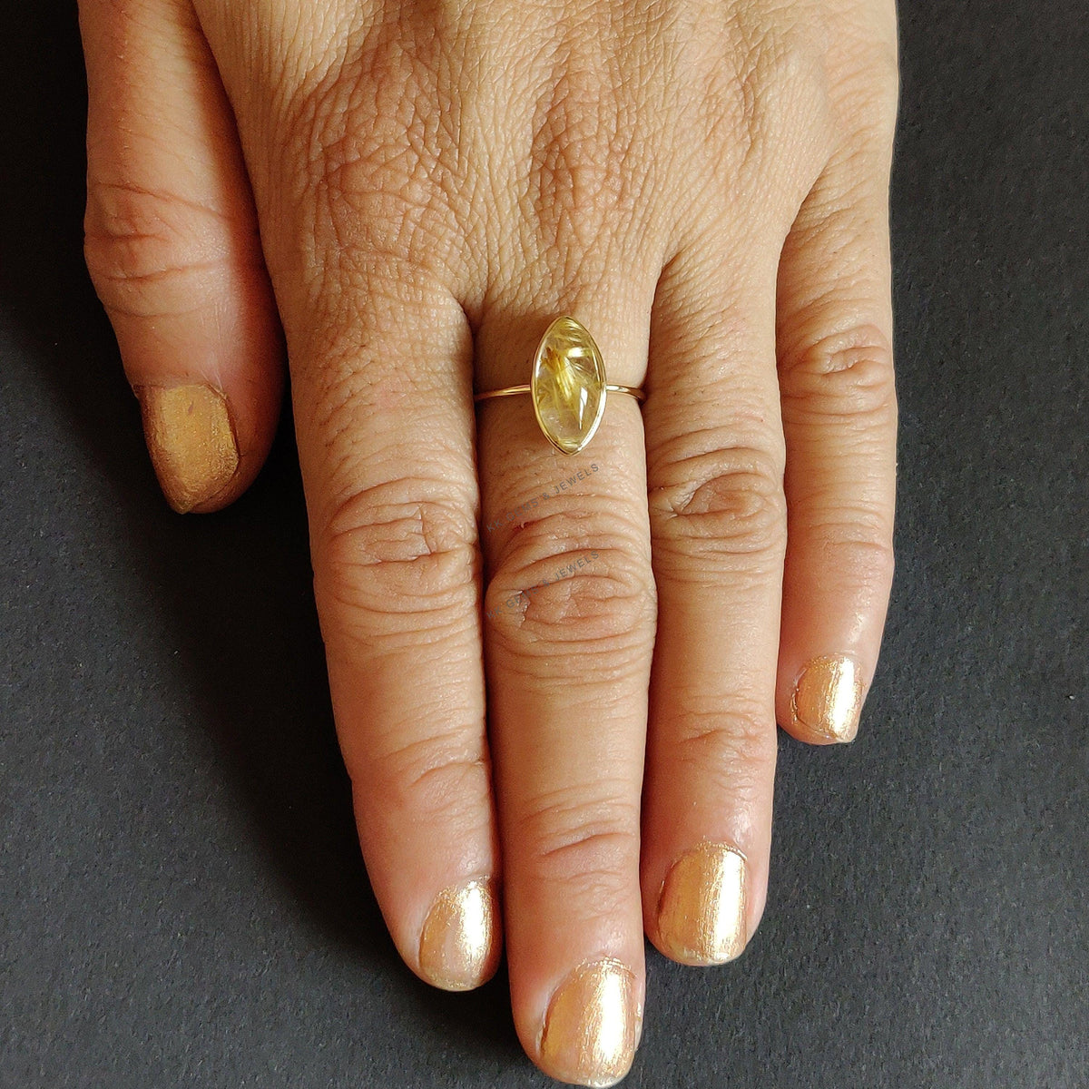 14K Solid Gold Natural Golden Rutile Ring: Marquise April Birthstone Ring