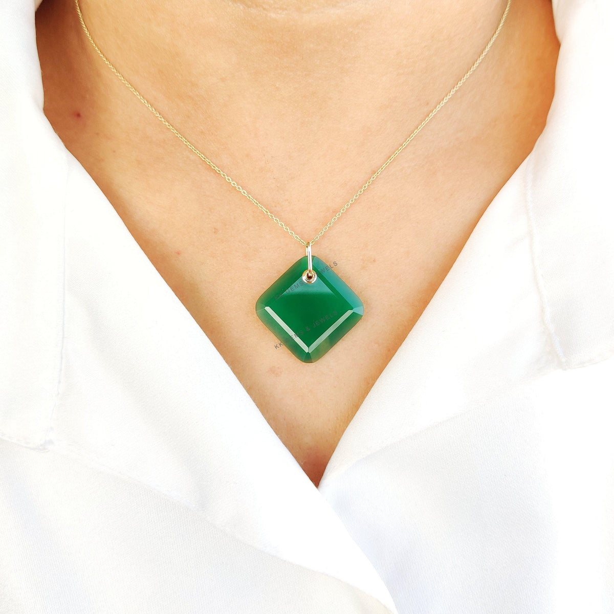 Natural Green Onyx Pendant, 14K Solid Yellow Gold Pendant, May Birthstone Pendant, Christmas Present