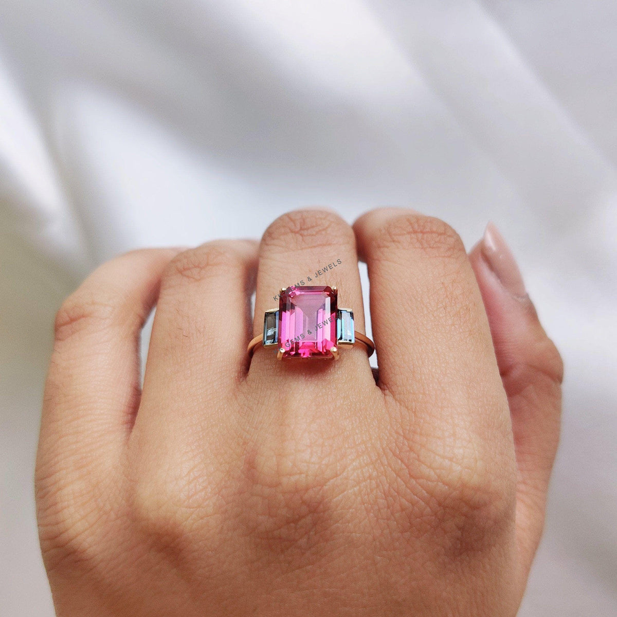 Natural Pink & London Blue Topaz 14K Solid Gold Ring, December Birthstone