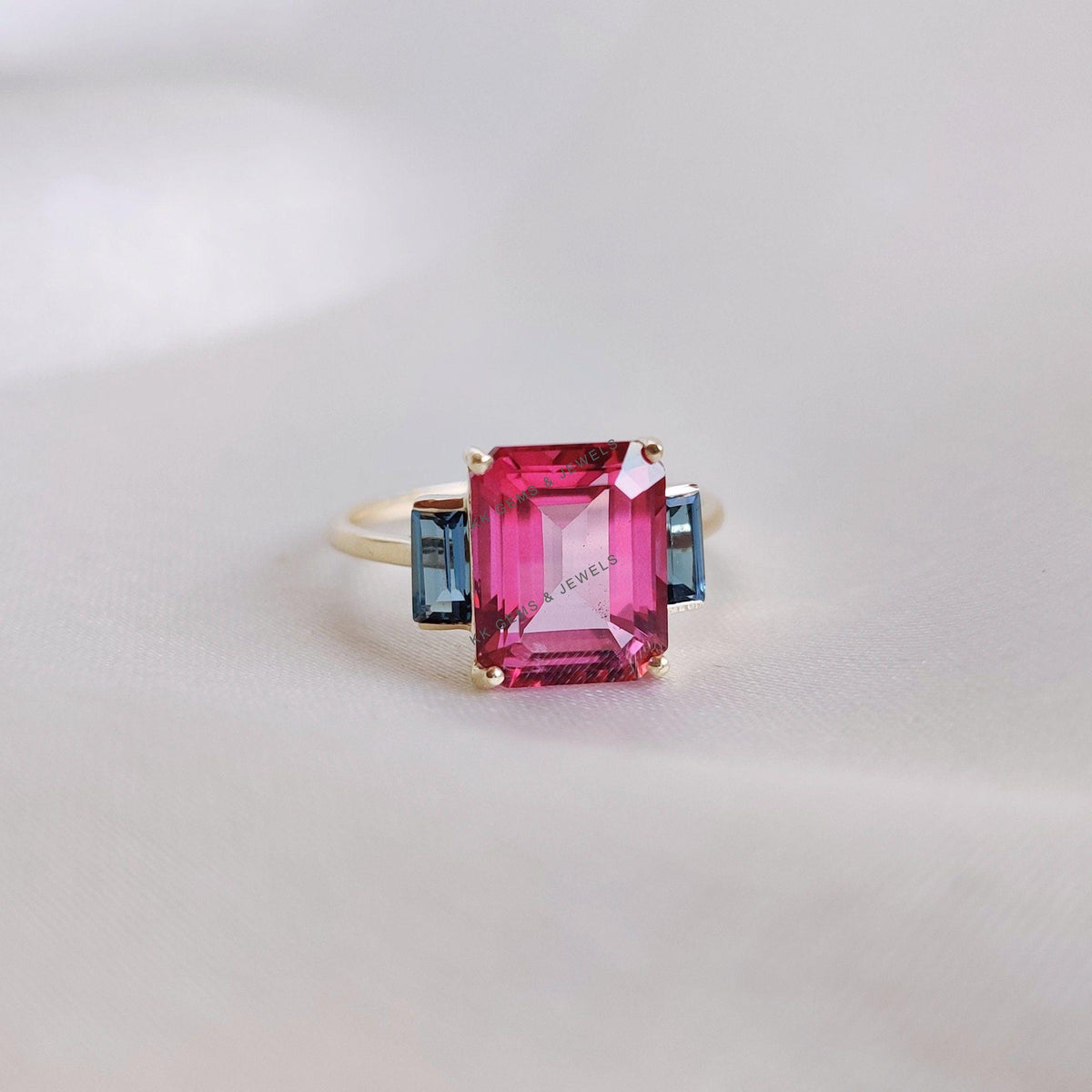 Natural Pink & London Blue Topaz 14K Solid Gold Ring, December Birthstone