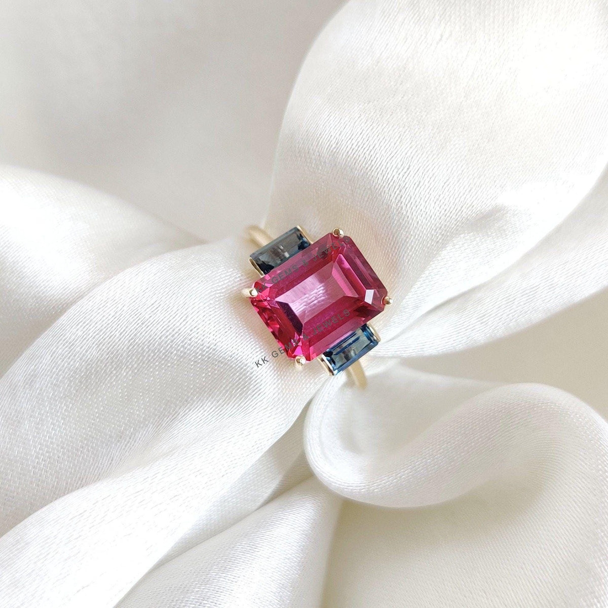 Natural Pink & London Blue Topaz 14K Solid Gold Ring, December Birthstone