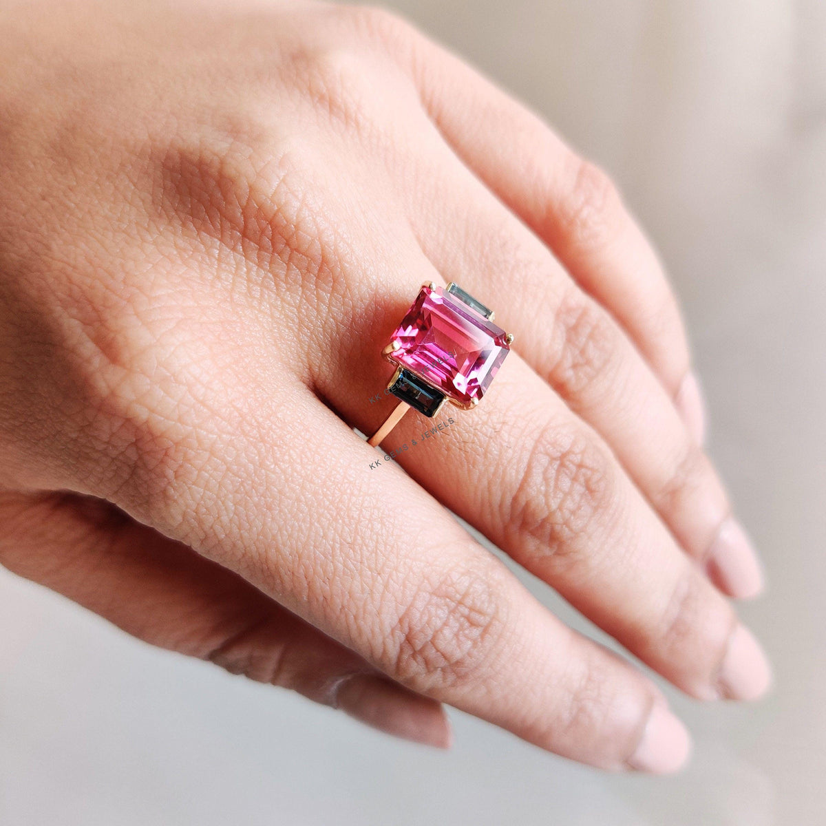 Natural Pink & London Blue Topaz 14K Solid Gold Ring, December Birthstone