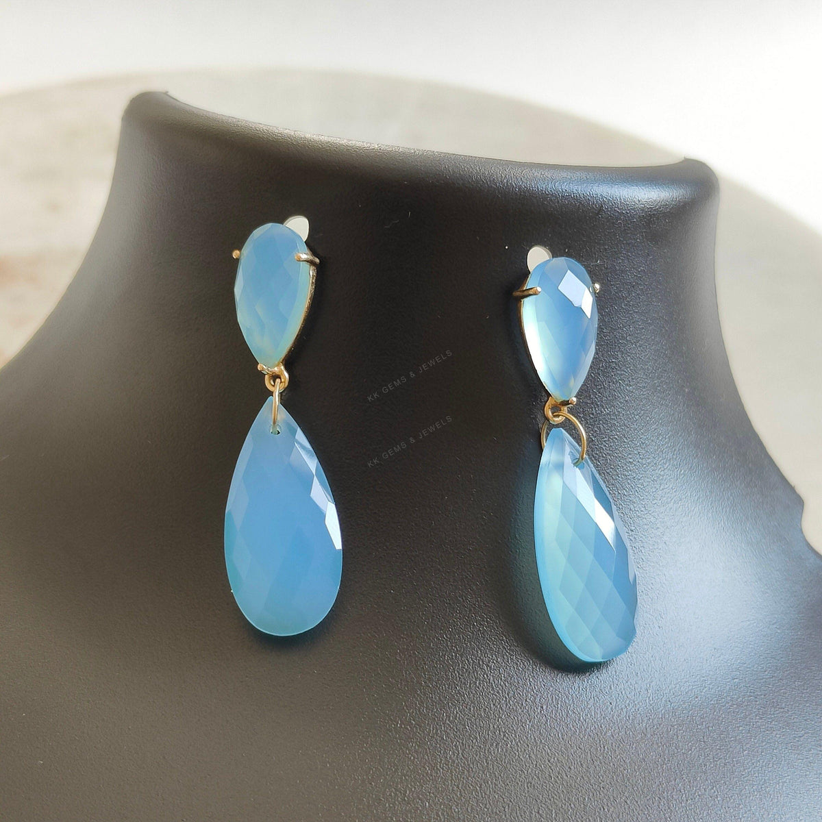 Natural Blue Chalcedony Drop Earrings, 14K Solid Yellow Gold, Fancy Jewelry