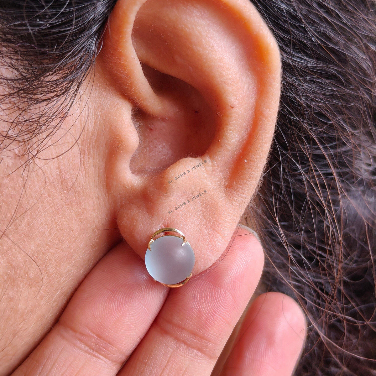 Natural Frosted Sky Blue Topaz Studs, 14K Solid Yellow Gold, December Birthstone