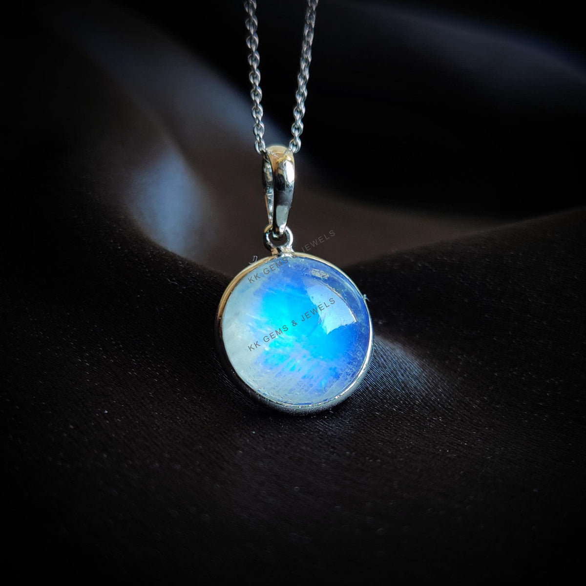 Natural Rainbow Moonstone 14K Solid White Gold Pendant, June Birthstone